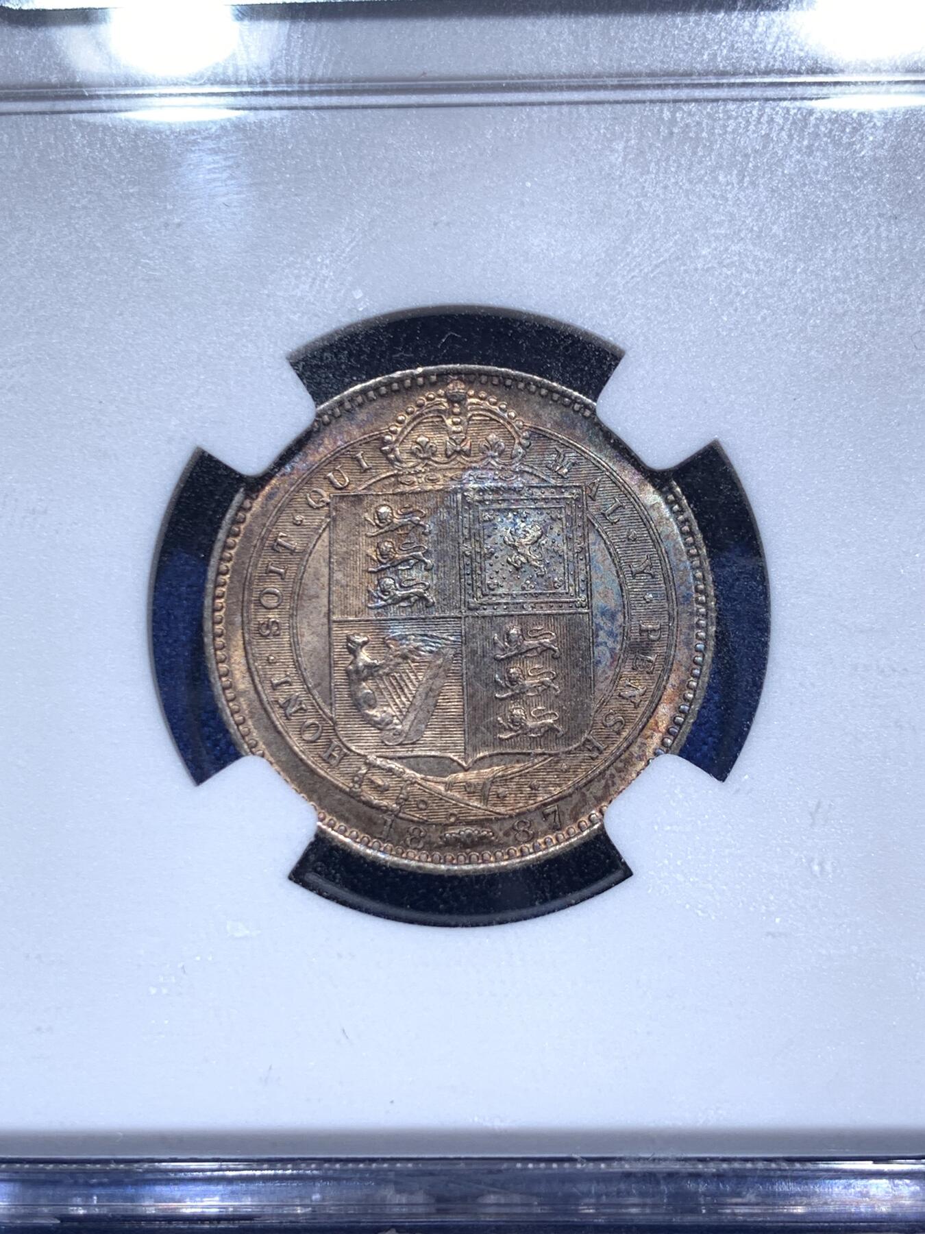 《竞宝斋》第290场- 周日，周一，周二 3场连拍 （全场包邮） NGC MS63 英国1887年维多利亚1先令 极品黄油彩 背面部分蓝绿色包浆