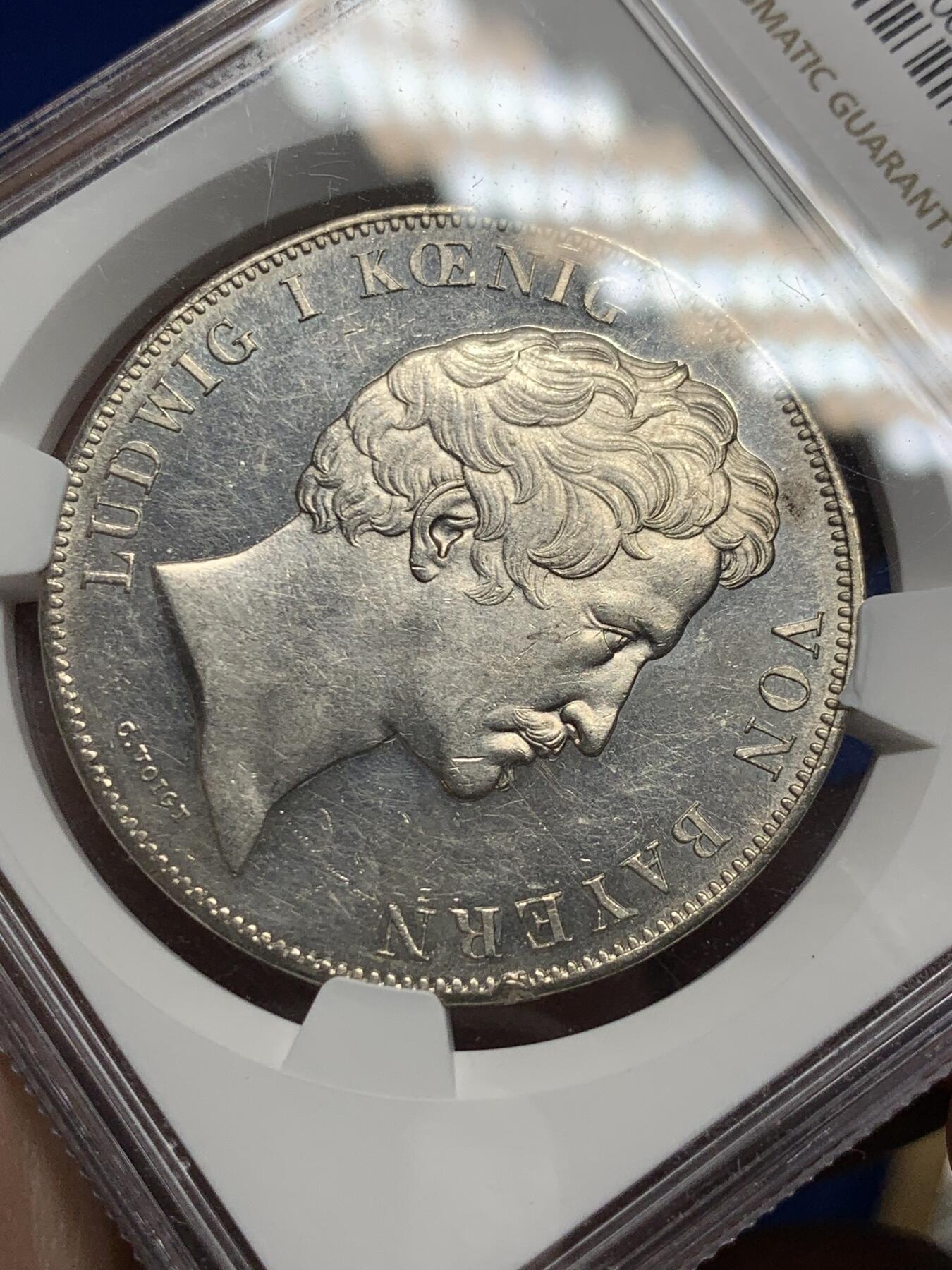 《竞宝斋》第290场- 周日，周一，周二 3场连拍 （全场包邮） NGC MS61 德国1839年巴伐利亚选帝侯骑马雕像历史双泰勒 37.12g 38mm 90%