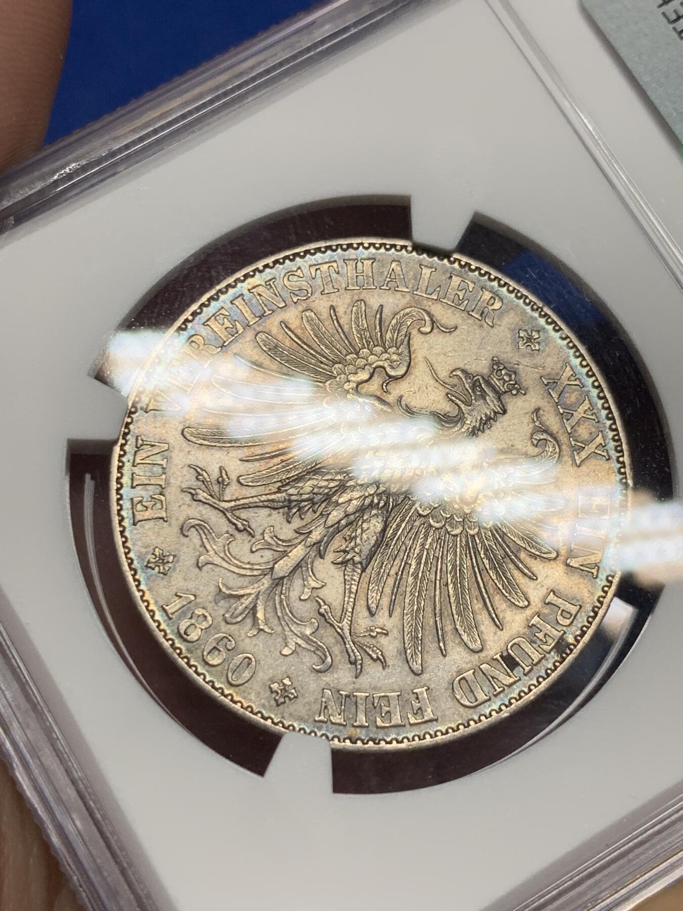 《竞宝斋》第290场- 周日，周一，周二 3场连拍 （全场包邮） NGC AU53 德国1860法兰克福少女泰勒银币 自然老包浆带底光 全鹰毛 实物更漂亮