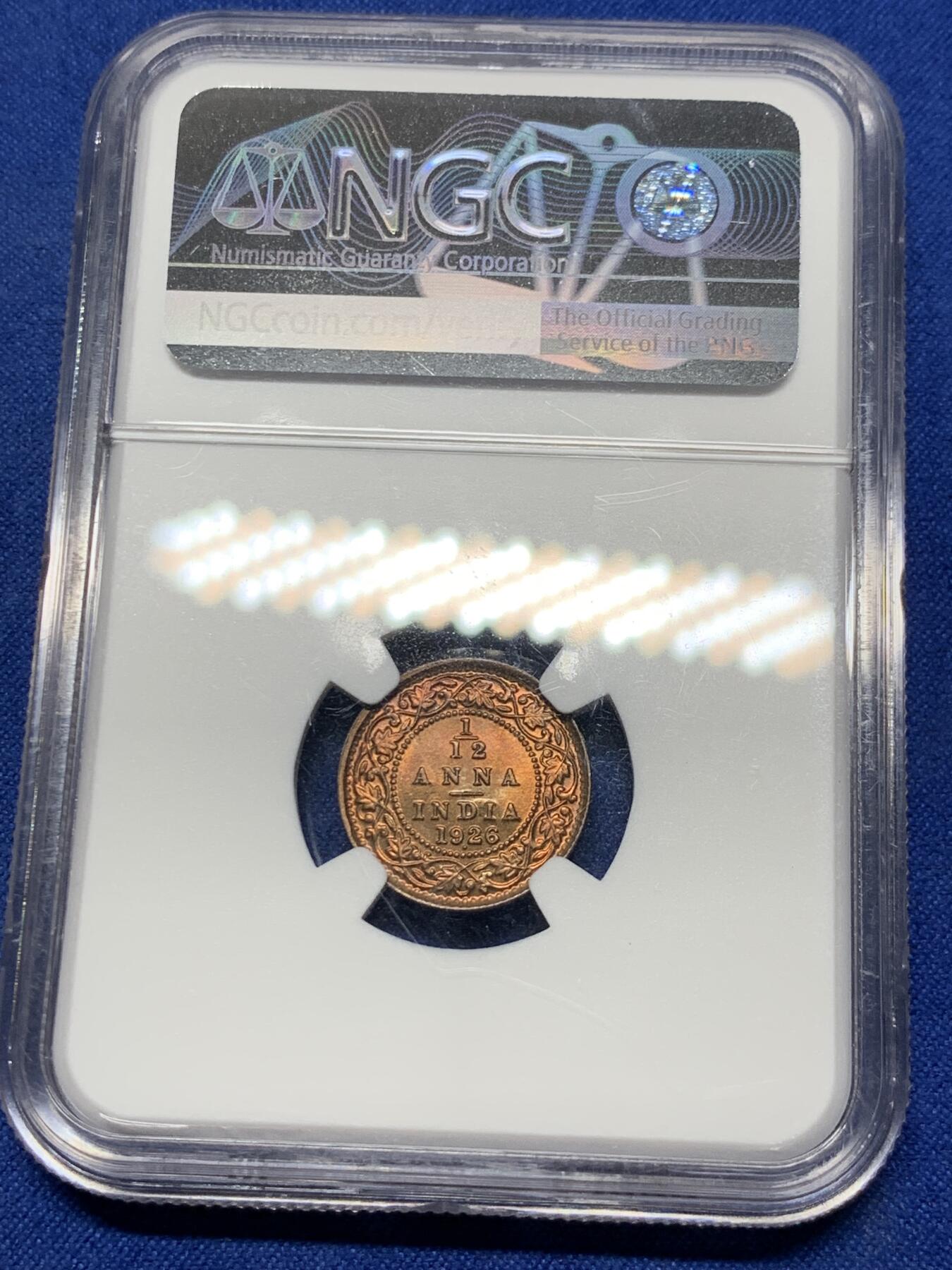 《竞宝斋》第290场- 周日，周一，周二 3场连拍 （全场包邮） NGC MS65 英属 1926 印度1/12安娜铜币 小铜币高分难得尤其是三哥那气候 季军分