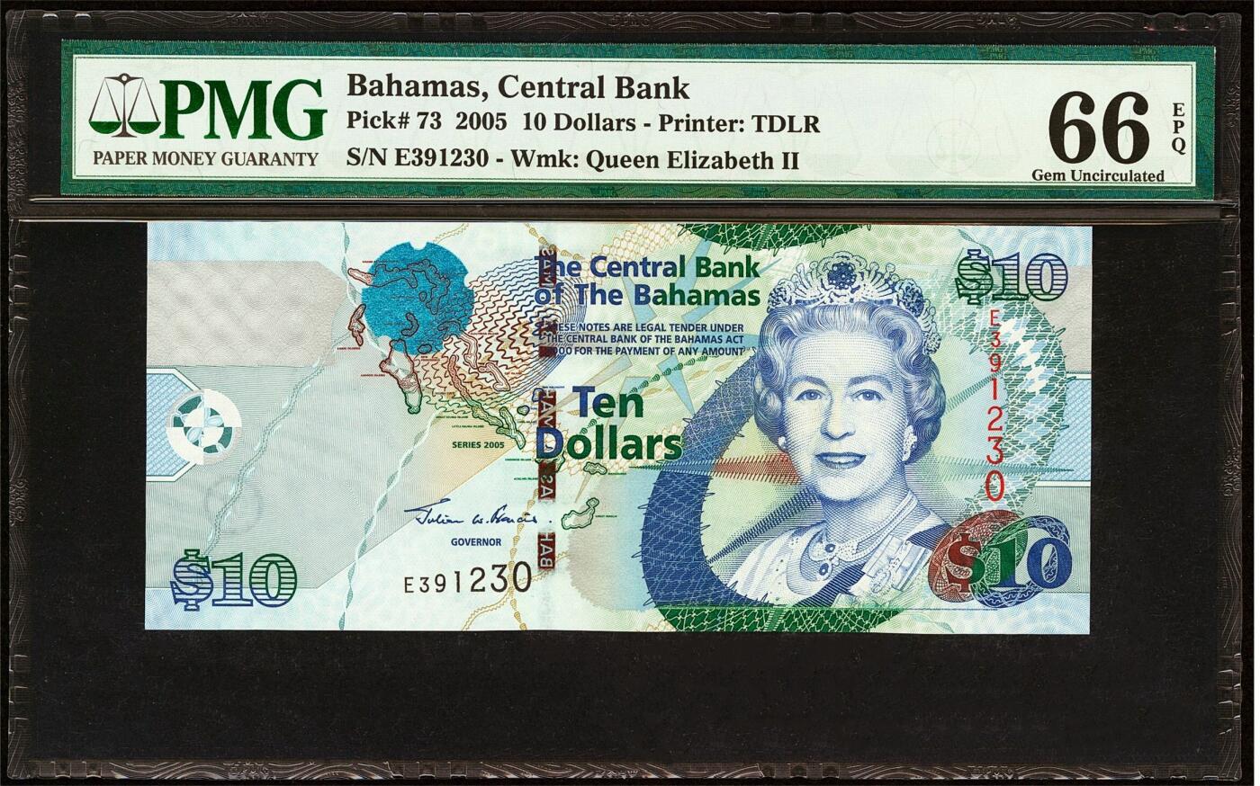 【Blue Auction】✨世界纸币精拍第510期【精】  【无47】巴哈马 2005年10元 女王  设计非常精美 较少见品种 PMG66EPQ 