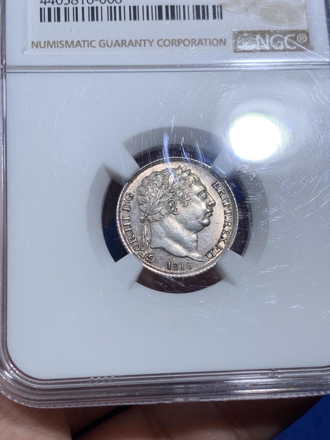 《竞宝斋》第290场- 周日，周一，周二 3场连拍 （全场包邮） NGC MS61 1816年英国乔治三世牛头6便士银币 经典品种 币面带银霜  感觉低评了
