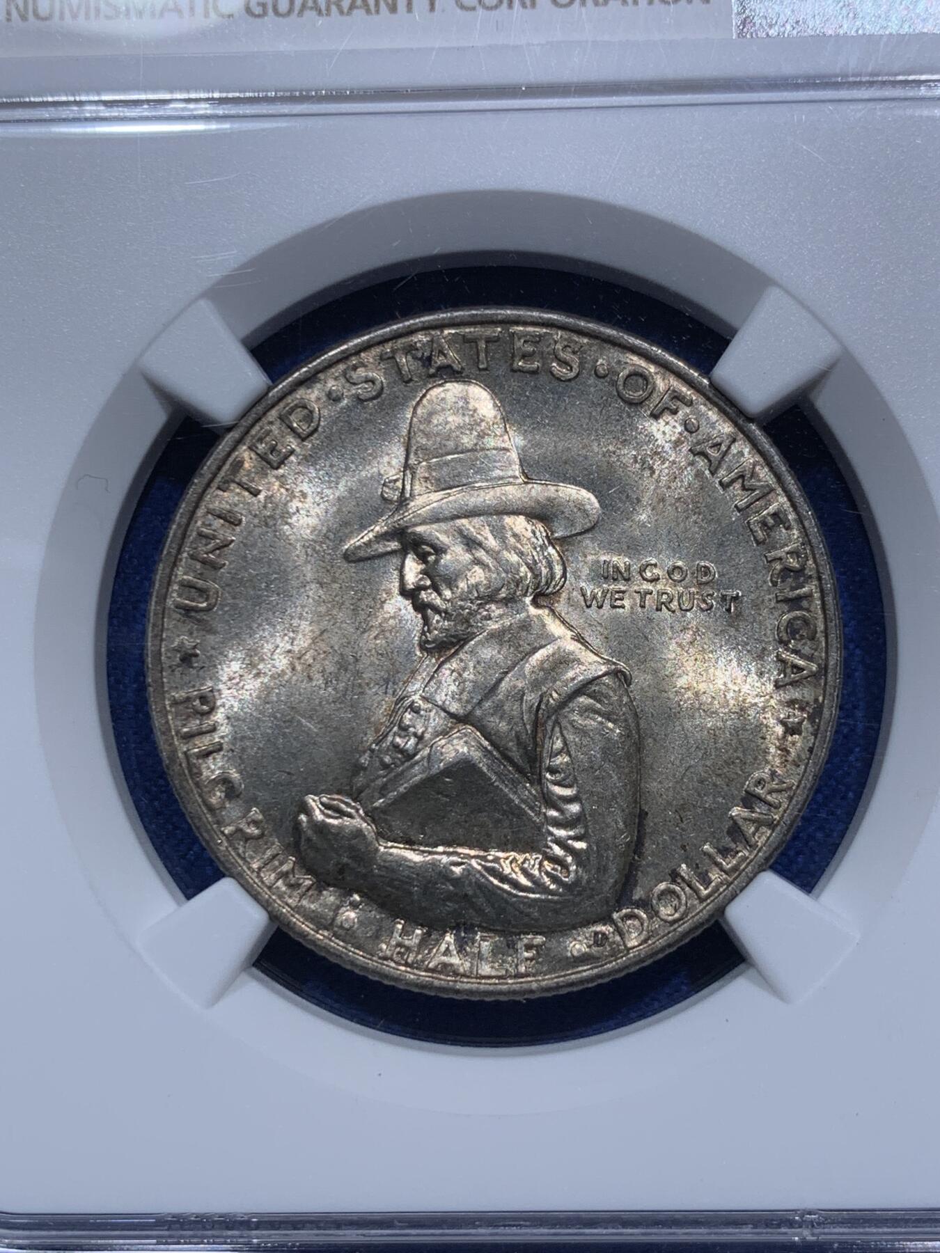 《竞宝斋》第290场- 周日，周一，周二 3场连拍 （全场包邮） NGC MS64 美国 1920年 五月花号/清教徒移民 半美元  背面五月花号呼之欲出 非常漂亮的设计