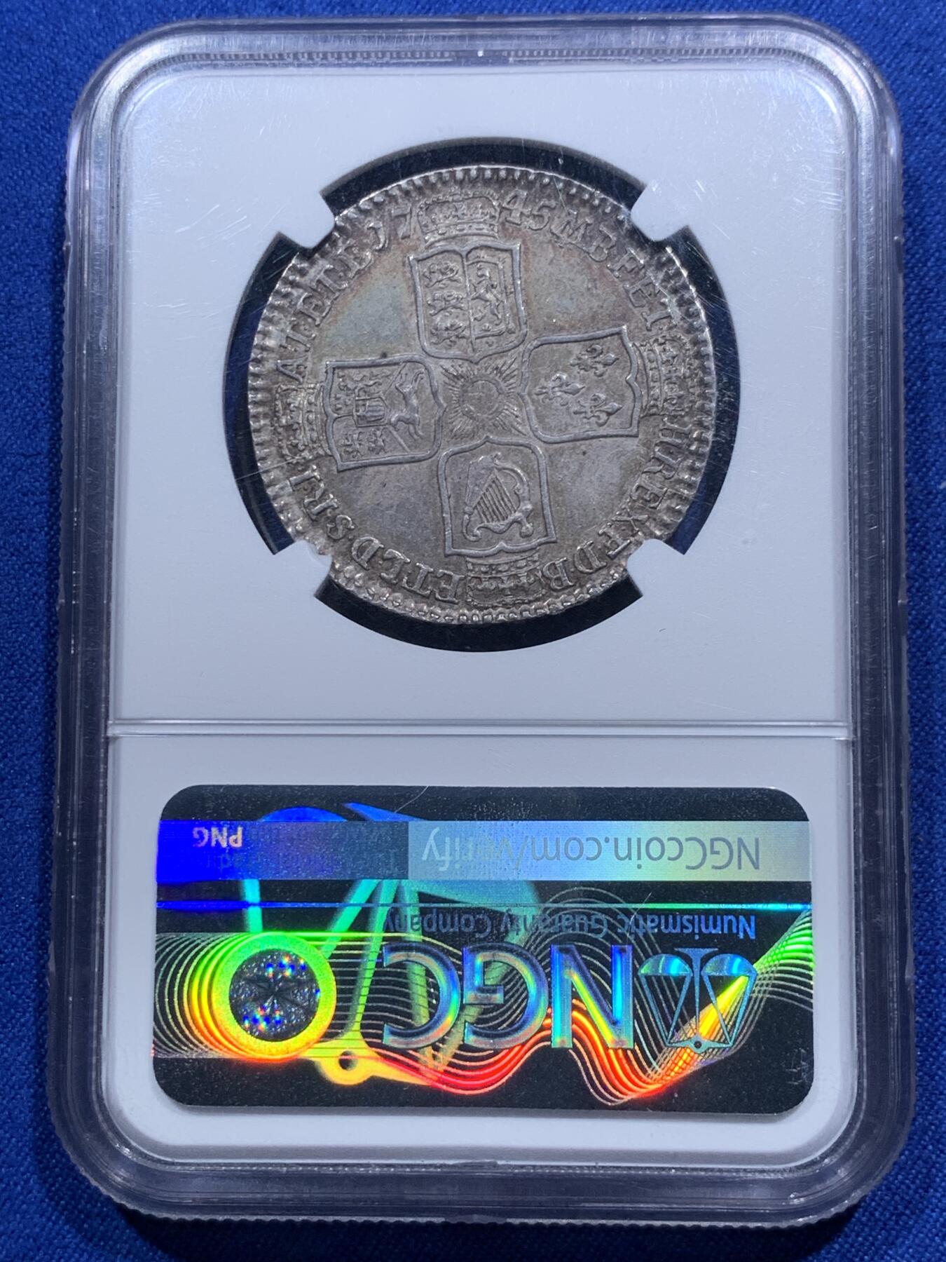 《竞宝斋》第290场- 周日，周一，周二 3场连拍 （全场包邮） NGC MS61 英国1745乔治二世LIMA版本半克朗 原味彩浆