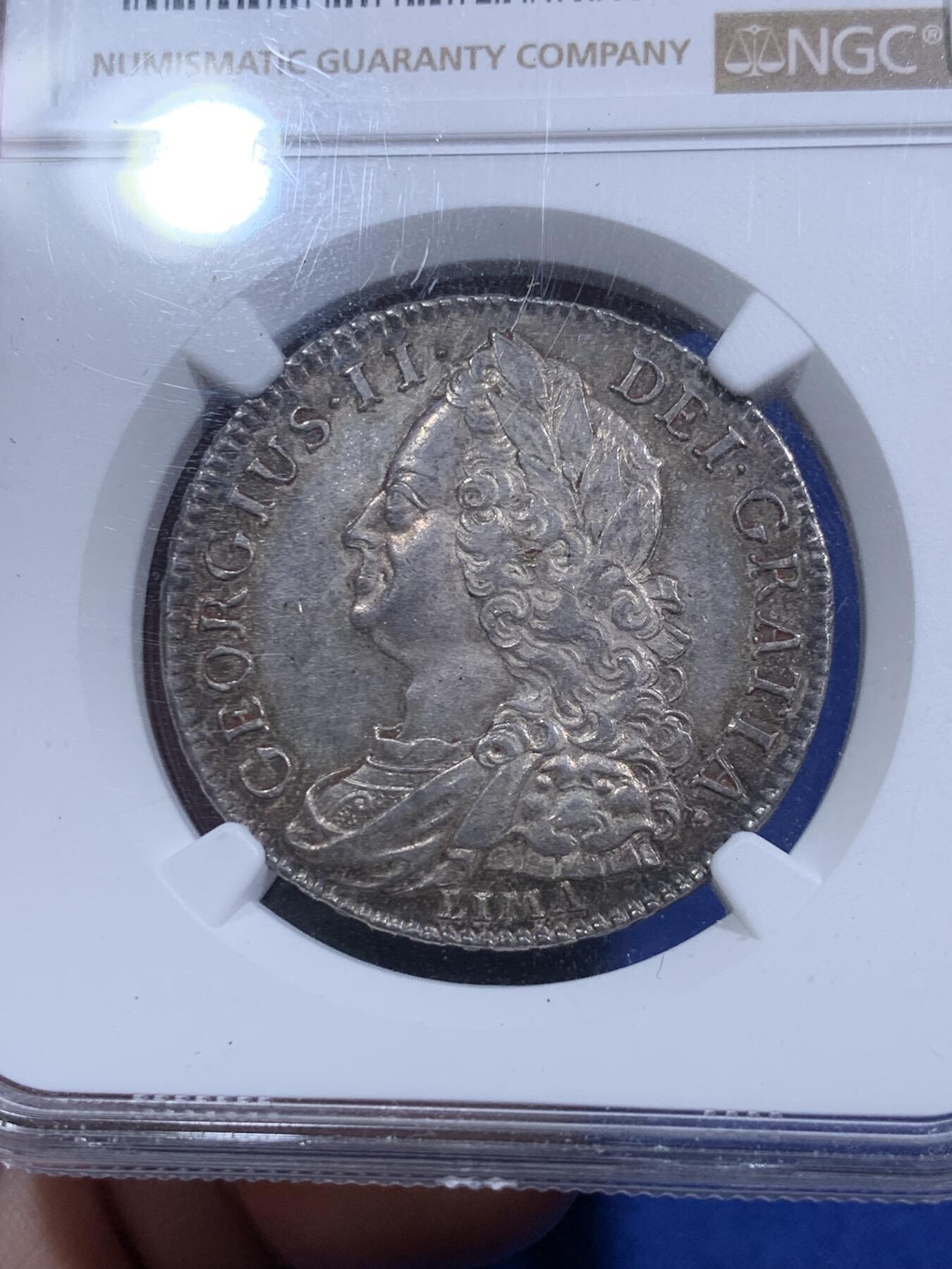 《竞宝斋》第290场- 周日，周一，周二 3场连拍 （全场包邮） NGC MS61 英国1745乔治二世LIMA版本半克朗 原味彩浆