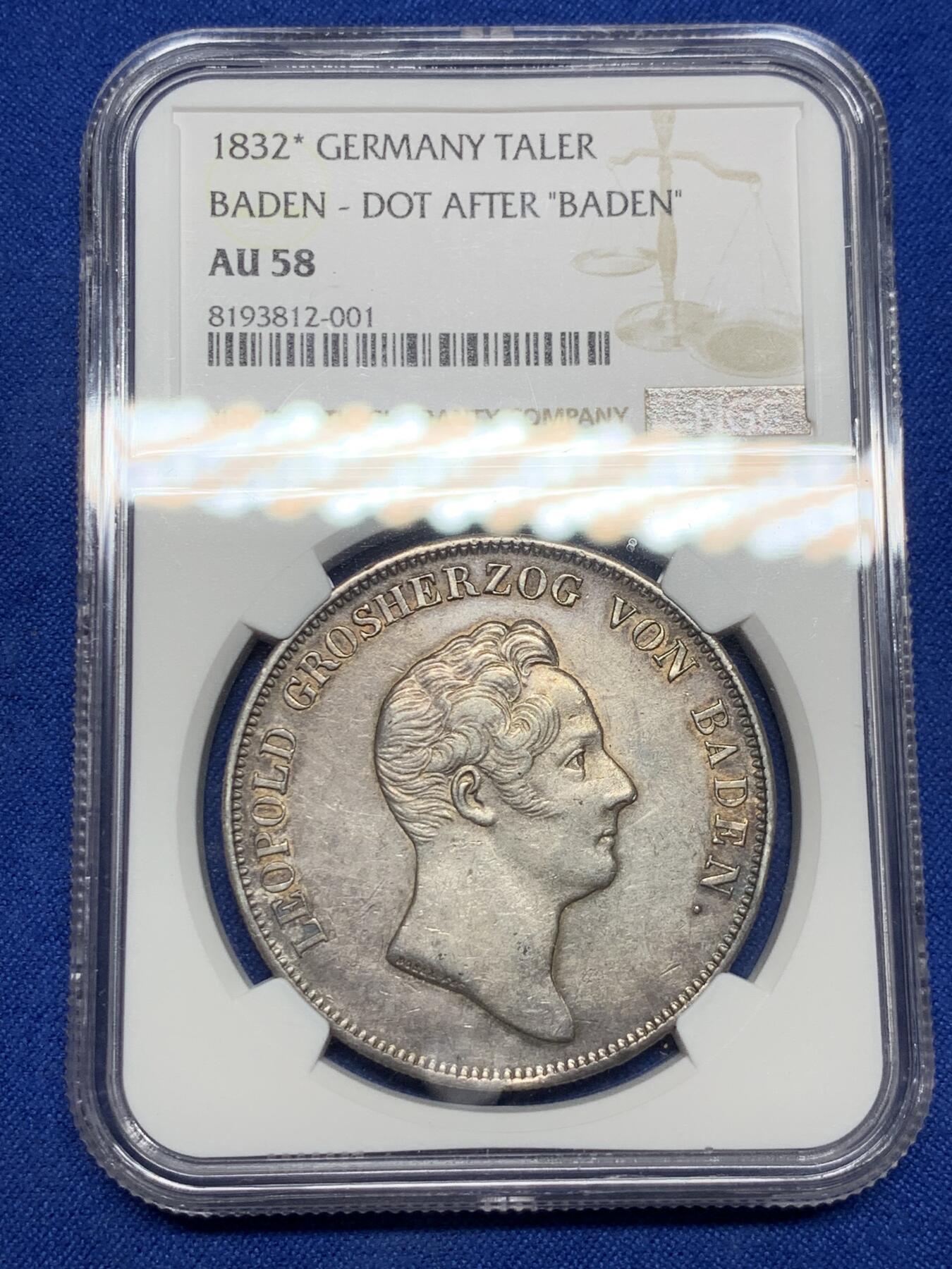 《竞宝斋》第290场- 周日，周一，周二 3场连拍 （全场包邮） NGC AU58 1832年德国巴登王冠大泰勒，后“点”版本 原味好细节 背面神兽羽毛高点俱在