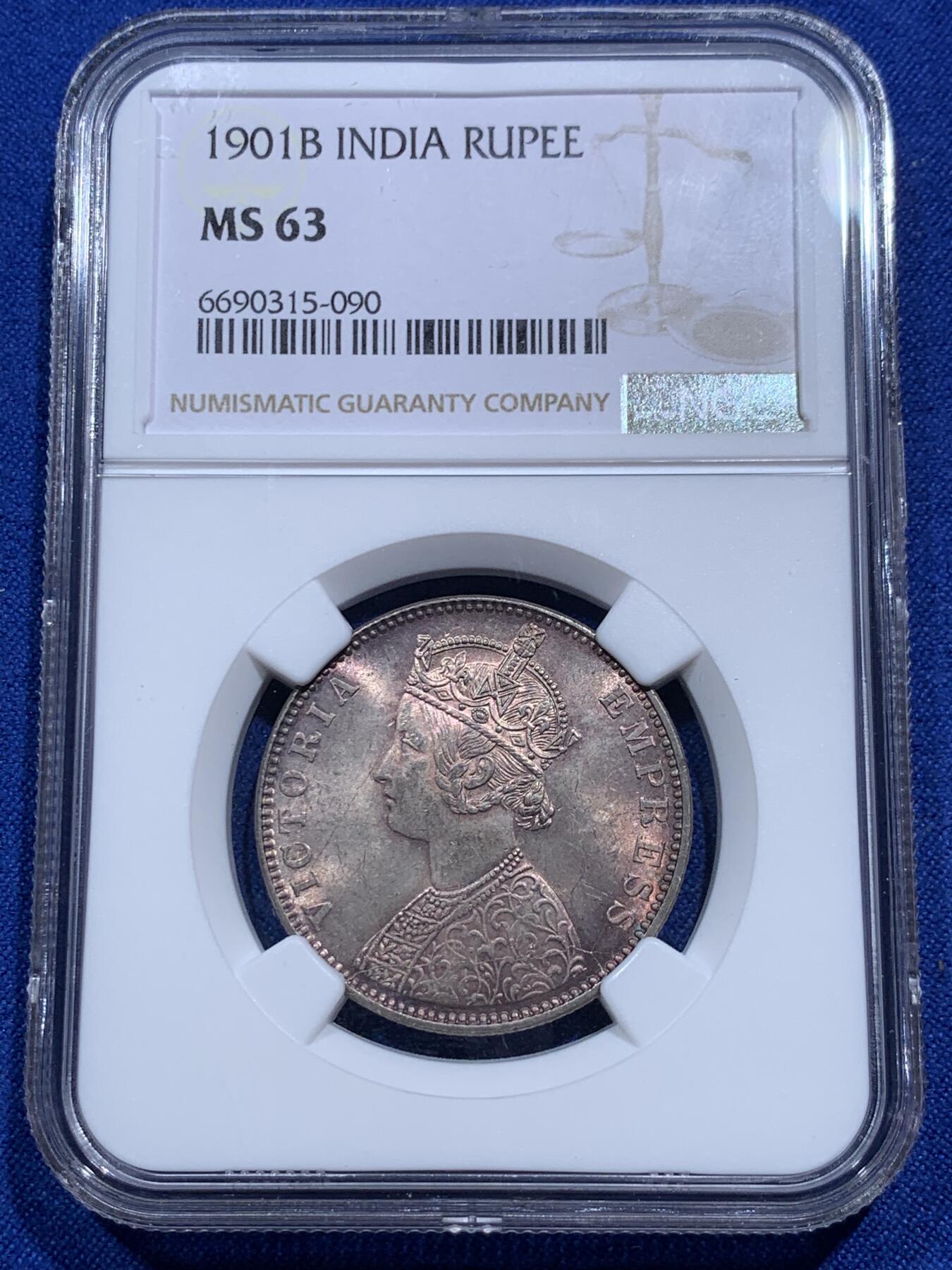 《竞宝斋》第290场- 周日，周一，周二 3场连拍 （全场包邮） NGC MS63 英属印度1901年B维多利亚1卢比银币 少见黄油彩