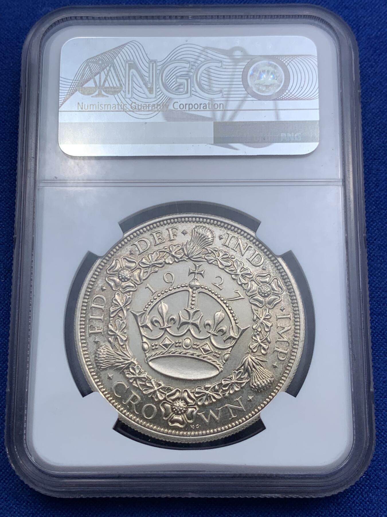 《竞宝斋》第290场- 周日，周一，周二 3场连拍 （全场包邮） NGC PF63 英国 1927年乔治五世花冠1克朗精制银币，发行量仅1.5万枚