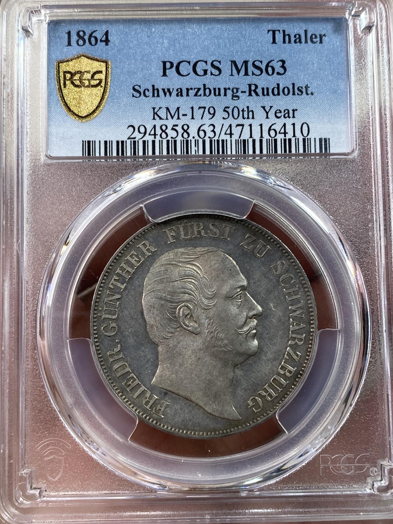 万国钱币拍卖第030期（万国三十期纪念大拍） PCGS MS63 1864年德国施瓦茨堡-鲁多尔斯塔特双头鹰流通1泰勒 小邦原味极致五彩 单年发行仅4500枚 稀缺稀缺稀缺品种