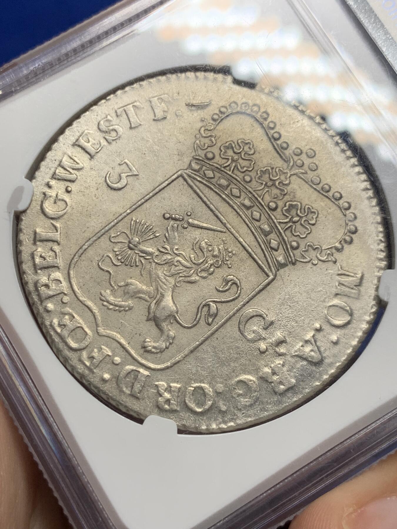 《竞宝斋》第290场- 周日，周一，周二 3场连拍 （全场包邮） NGC MS61 荷兰1763年站人女神三盾 早起年份打制好带转光