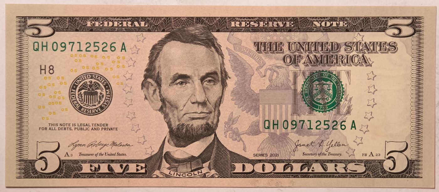 紫瑗钱币——第387期拍卖——纸币场 美国 2021年 H版 无序列 亚伯拉罕·林肯 5美元 彩色版 UNC