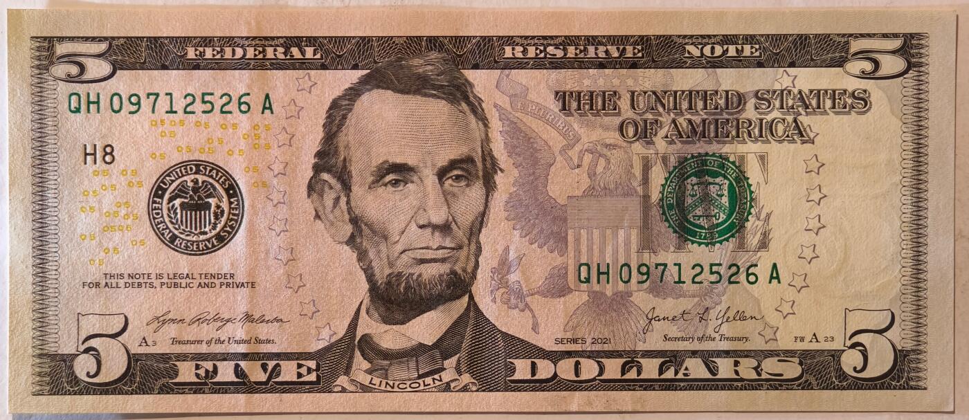 紫瑗钱币——第387期拍卖——纸币场 美国 2021年 H版 无序列 亚伯拉罕·林肯 5美元 彩色版 UNC
