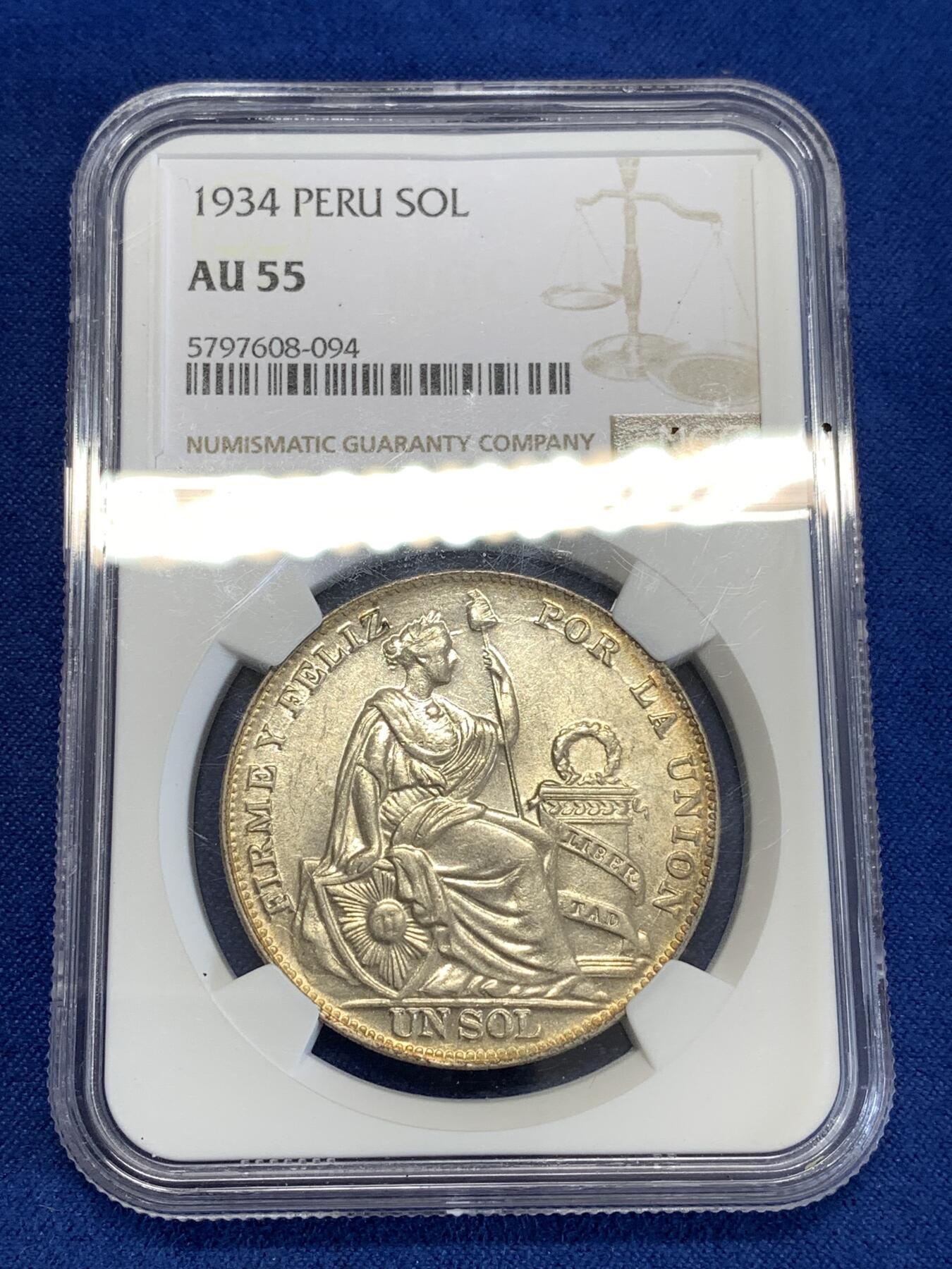 《竞宝斋》第290场- 周日，周一，周二 3场连拍 （全场包邮） NGC AU55 秘鲁1934年坐人1索尔大银币