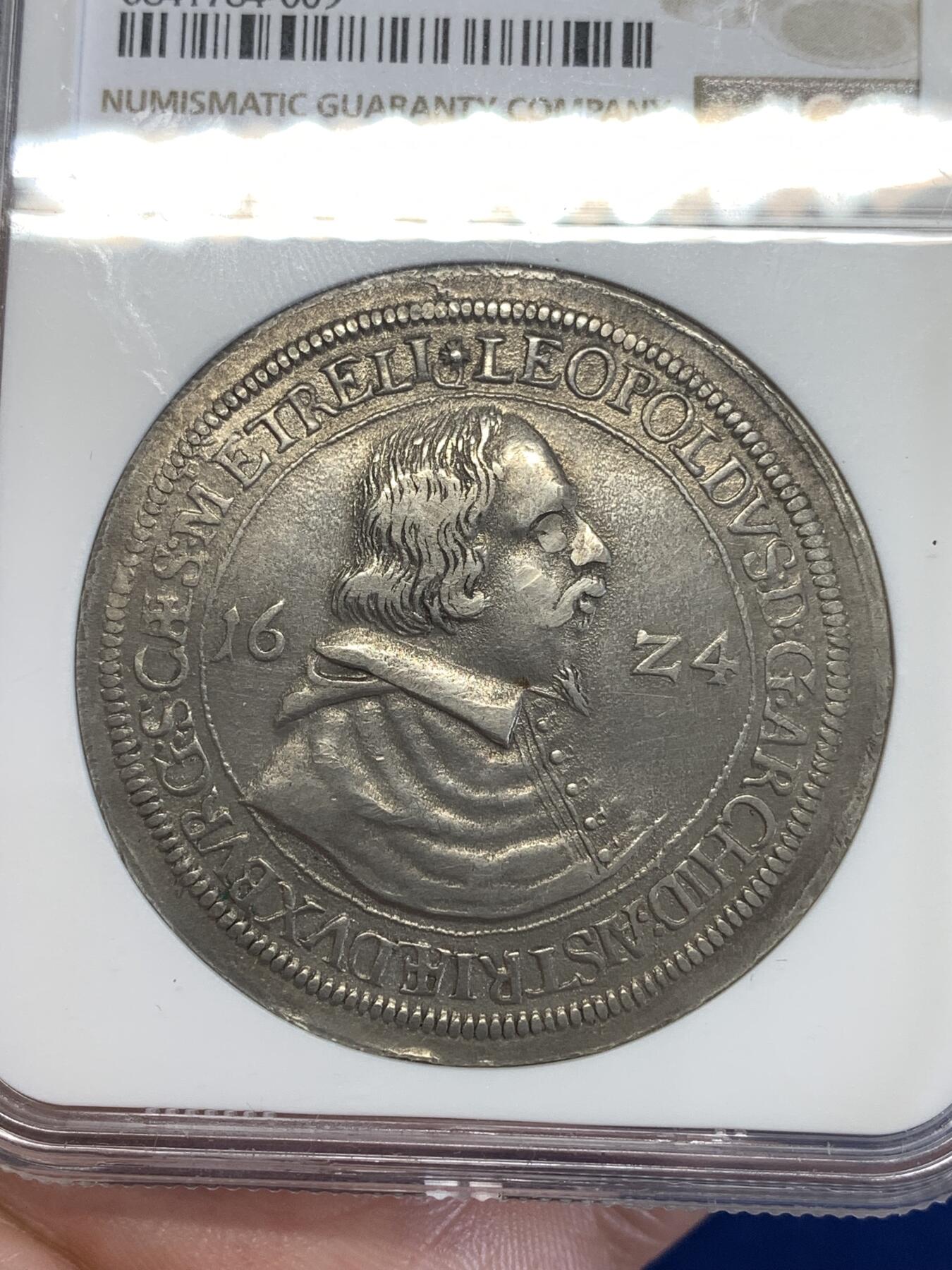 《竞宝斋》第290场- 周日，周一，周二 3场连拍 （全场包邮） NGC AUD 神圣罗马帝国1624年奥地利利奥波德大公老泰勒 打制币 距今400年