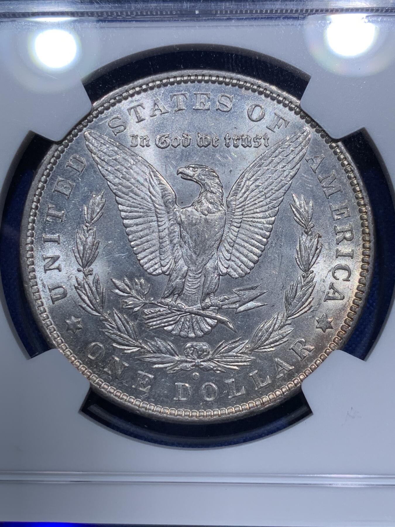 《竞宝斋》第290场- 周日，周一，周二 3场连拍 （全场包邮） NGC AU58 美国1880年O版爆彩摩根 非常漂亮的半月彩绒布包浆 小特年