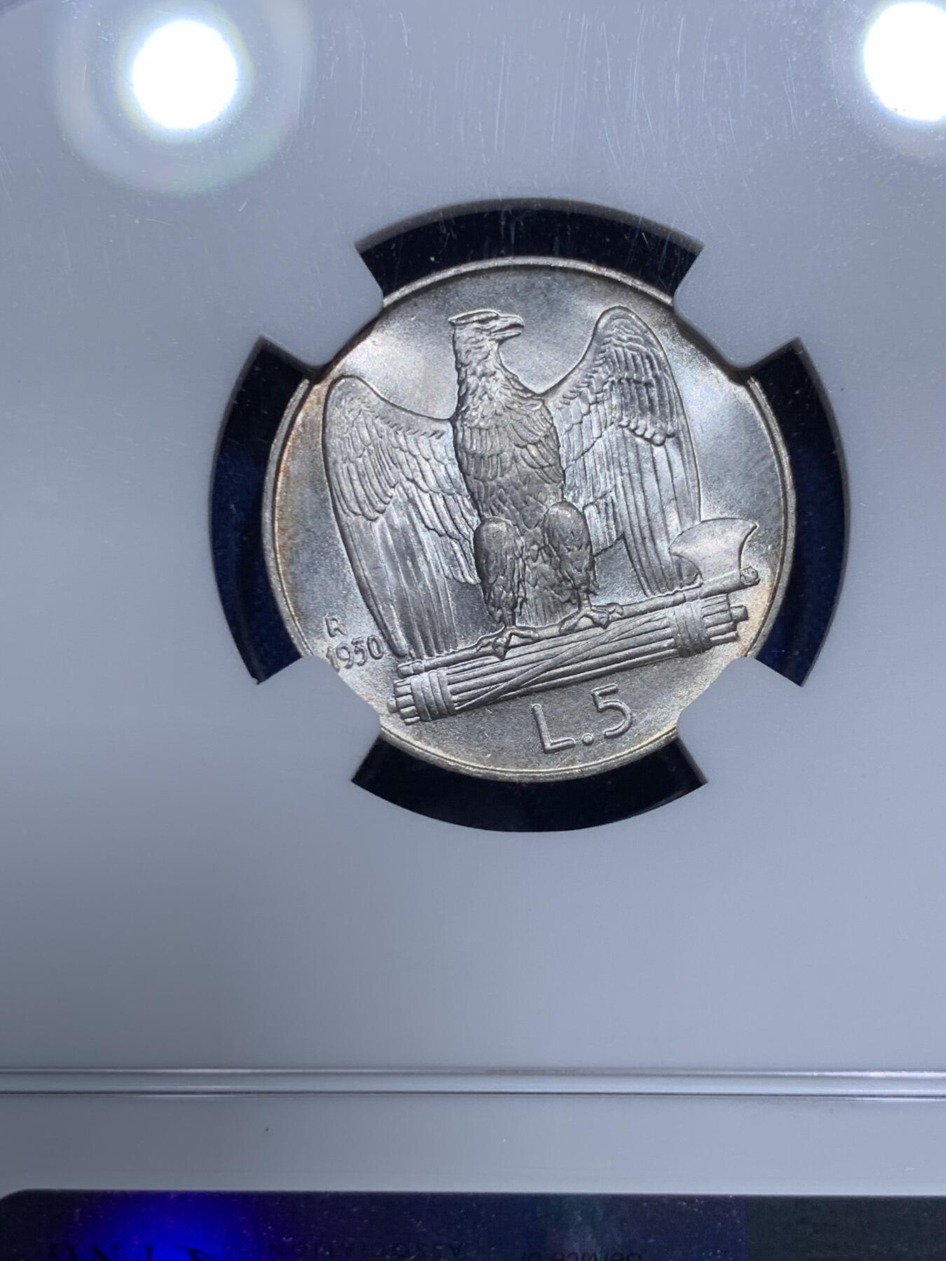 《竞宝斋》第290场- 周日，周一，周二 3场连拍 （全场包邮） NGC MS64 意大利1930年R版埃马努埃莱三世5里拉银币 十字转光 一流状态