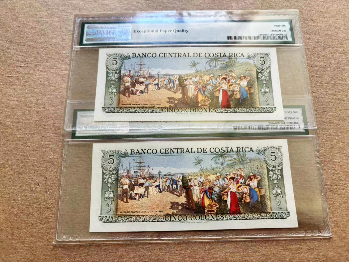 【Blue Auction】✨世界纸币精拍第510期【精】 【一组2张444&777豹子号】哥斯达黎加 1977-92年5克朗 彩背 PMG66EPQ 