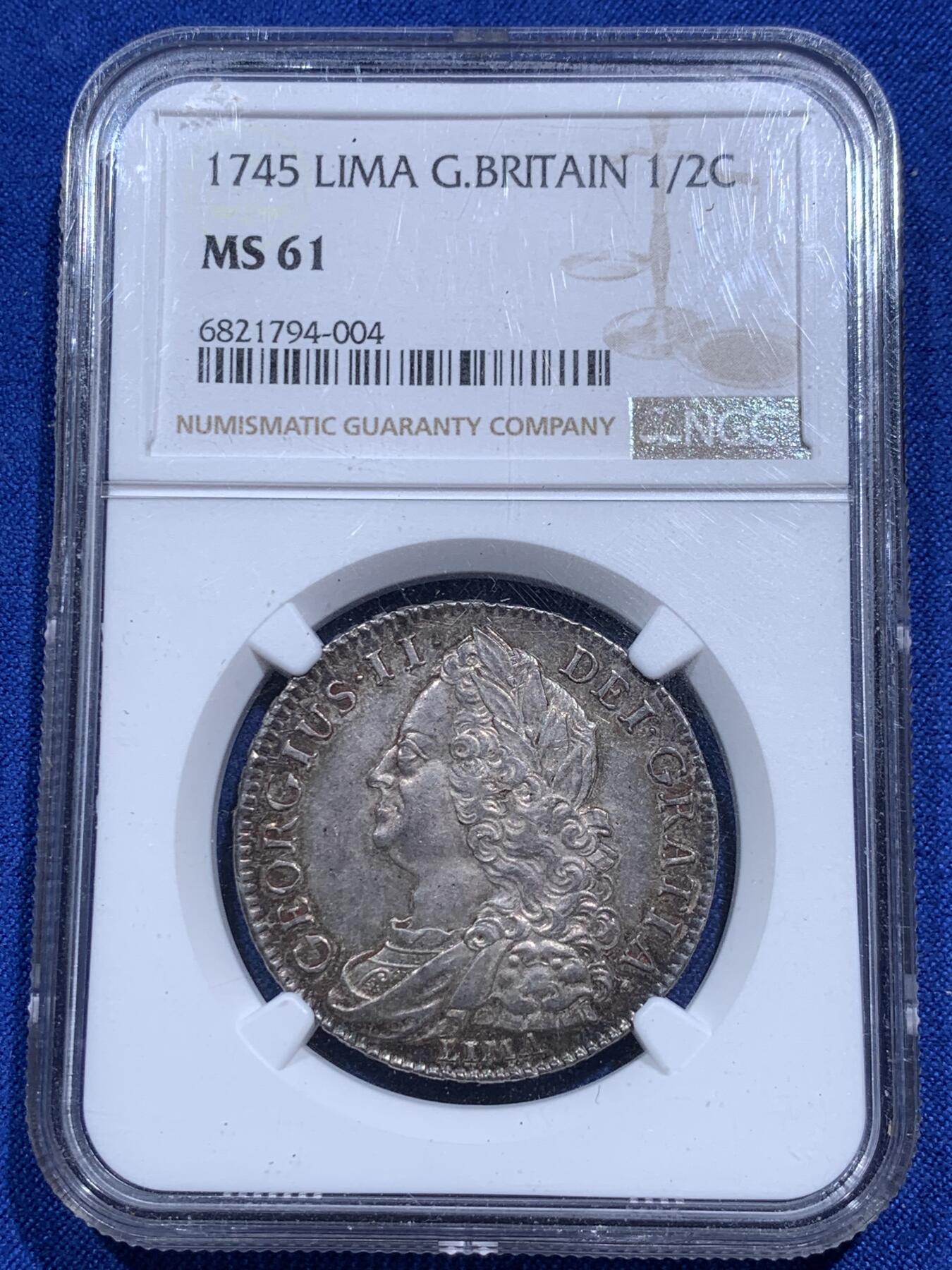 《竞宝斋》第290场- 周日，周一，周二 3场连拍 （全场包邮） NGC MS61 英国1745乔治二世LIMA版本半克朗 原味彩浆