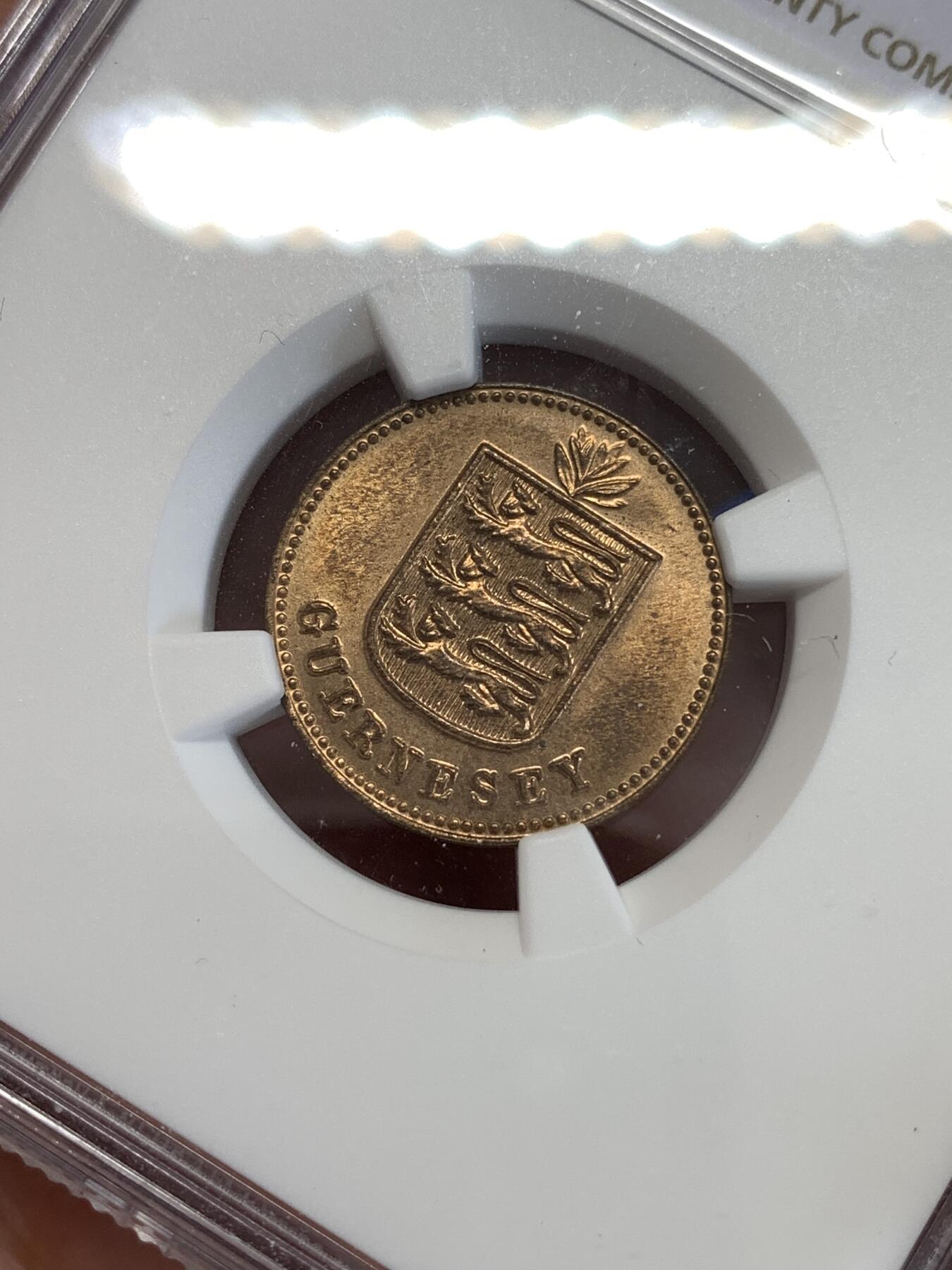 《竞宝斋》第290场- 周日，周一，周二 3场连拍 （全场包邮） NGC MS64RB 英属根西岛1938年1道布 底板干净 转光耀眼