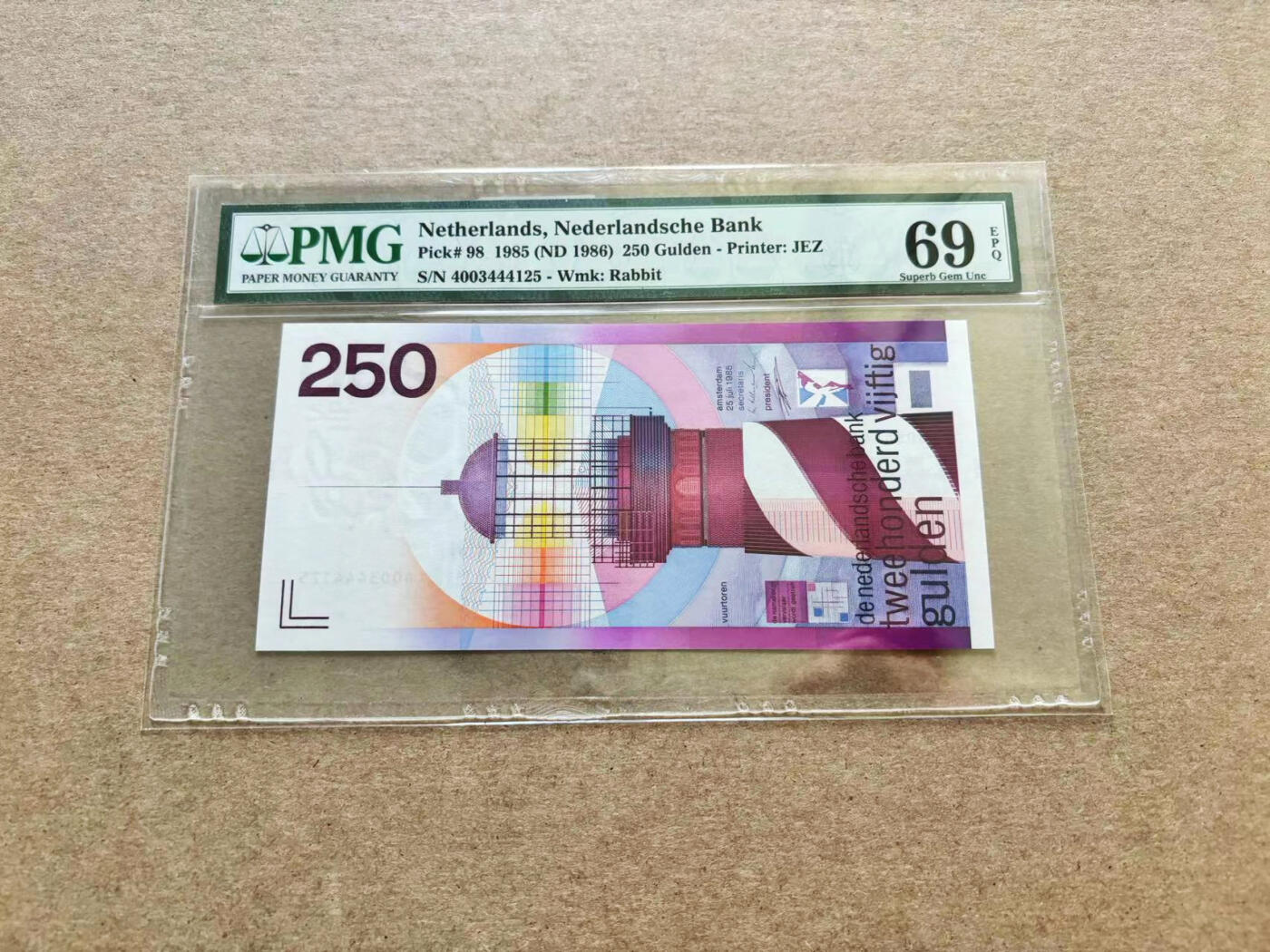 【Blue Auction】✨世界纸币精拍第510期【精】 【亚军分】荷兰 1985年250盾 经典灯塔 PMG69EPQ 近满分 