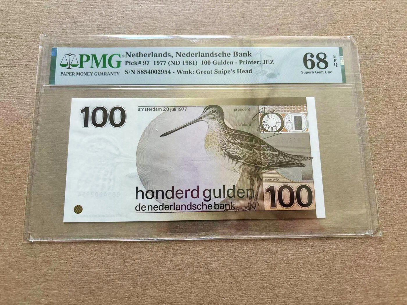 【Blue Auction】✨世界纸币精拍第510期【精】  【亚军分】荷兰 1977年100盾 经典水鸟 PMG68EPQ 