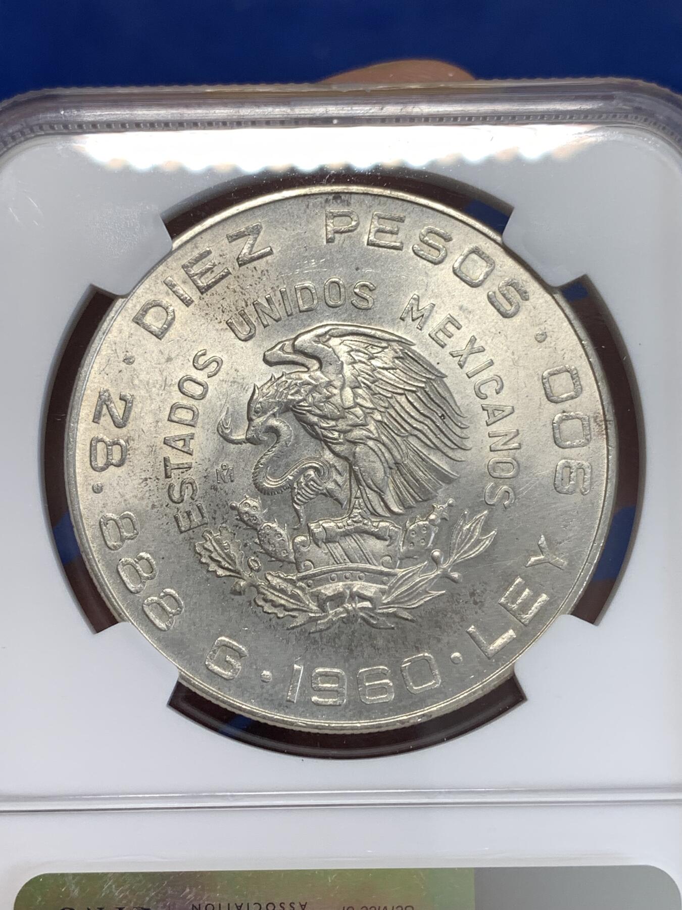 《竞宝斋》第290场- 周日，周一，周二 3场连拍 （全场包邮） NGC MS63 墨西哥1960年独立100周年银币 高分大银币 900高银