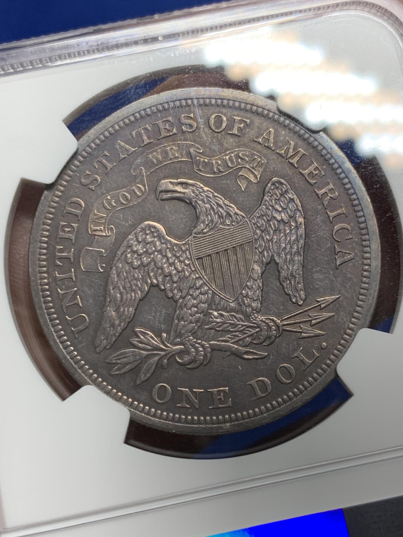 《竞宝斋》第290场- 周日，周一，周二 3场连拍 （全场包邮） NGC-AU 美国 1870年坐姿自由女神像1美元大银币，AU品级，稀缺早期美国大银 难遇