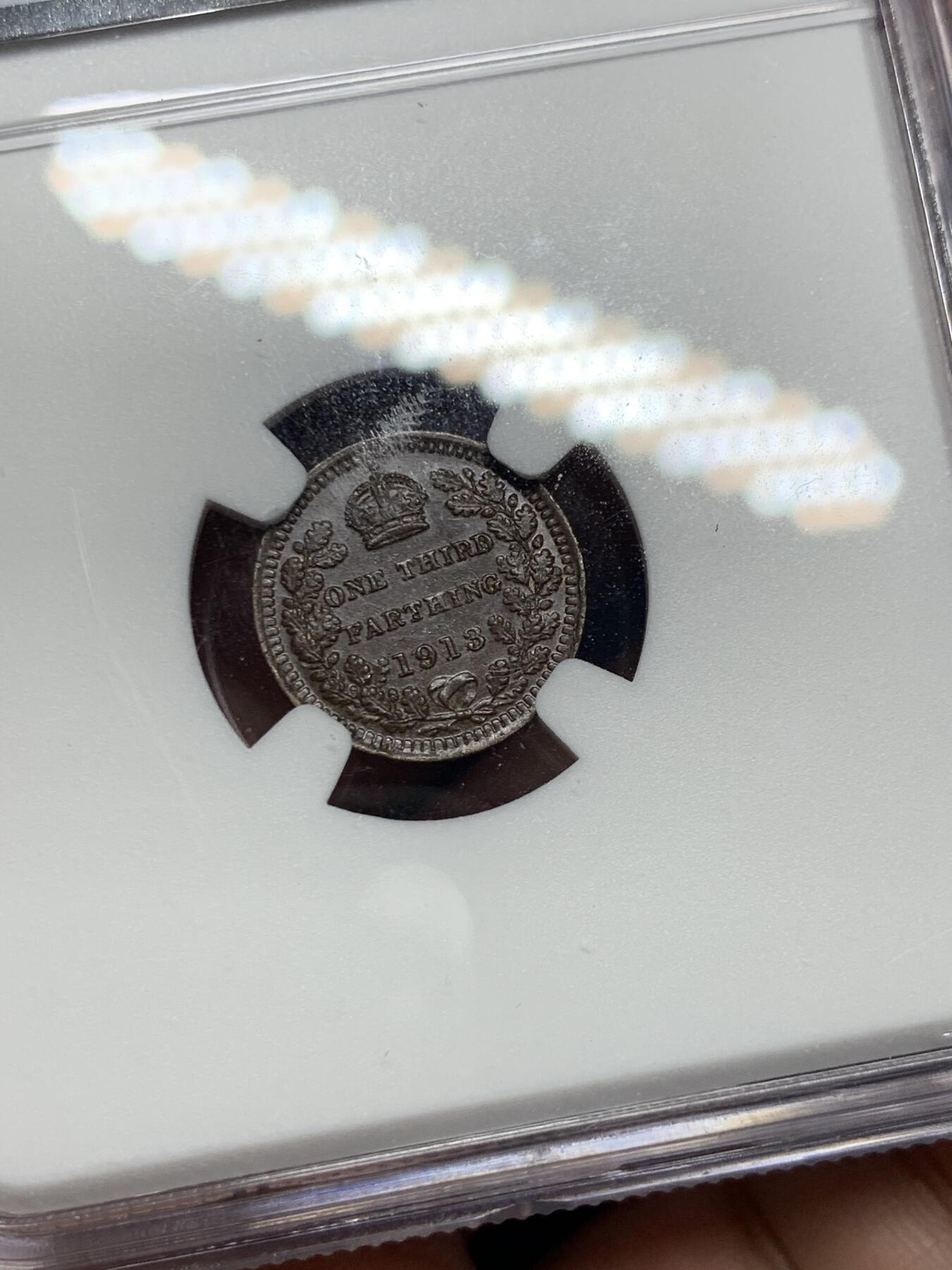 《竞宝斋》第290场- 周日，周一，周二 3场连拍 （全场包邮） NGC MS62BN 英国1913年乔治五世1/3法新 巧克力包浆 即使在放大镜下未见明显流通痕迹