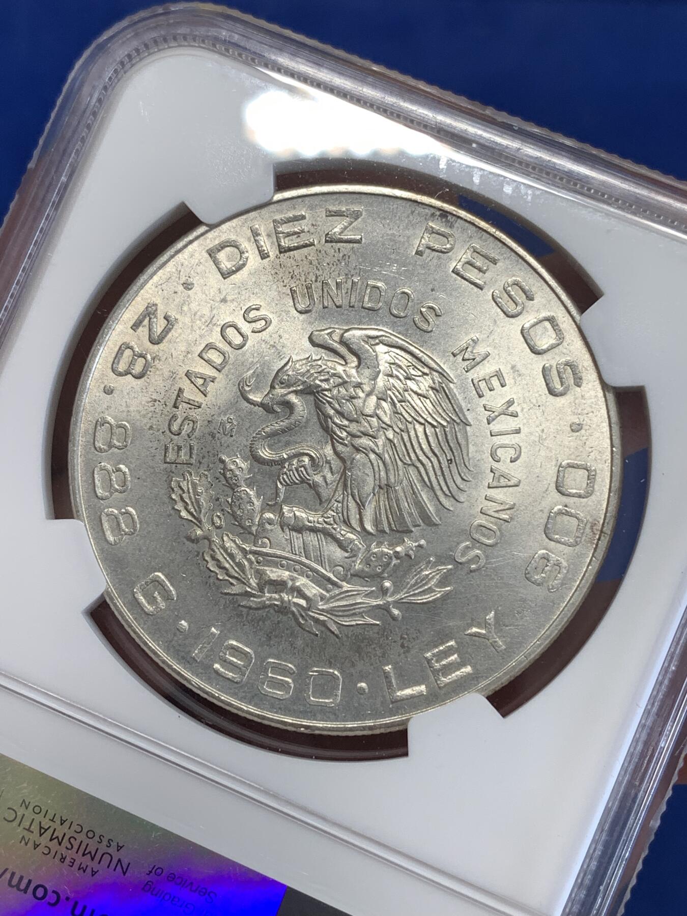 《竞宝斋》第290场- 周日，周一，周二 3场连拍 （全场包邮） NGC MS63 墨西哥1960年独立100周年银币 高分大银币 900高银