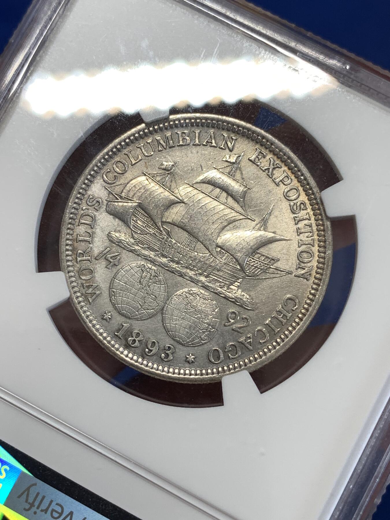 《竞宝斋》第290场- 周日，周一，周二 3场连拍 （全场包邮） NGC MS62 美国 1893年 纪念哥伦布50美分银币 转光明显 底板干净