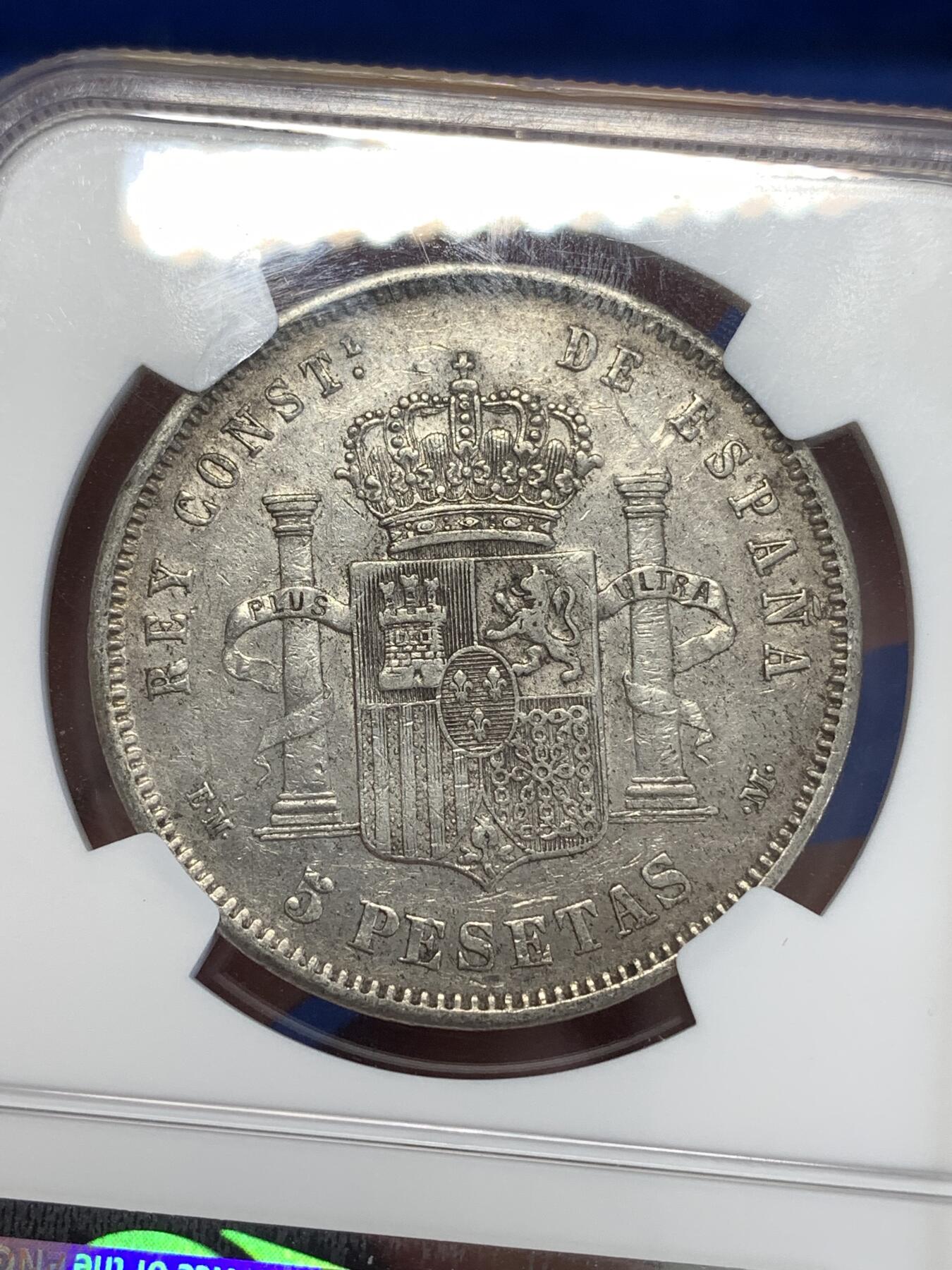 《竞宝斋》第290场- 周日，周一，周二 3场连拍 （全场包邮） NGC XF45 西班牙1878年阿方索十二世青年头5比塞塔银币 稀少年份 NGC同分仅10枚、更高分仅11枚！这种品相也算凤毛麟角，性价比之选