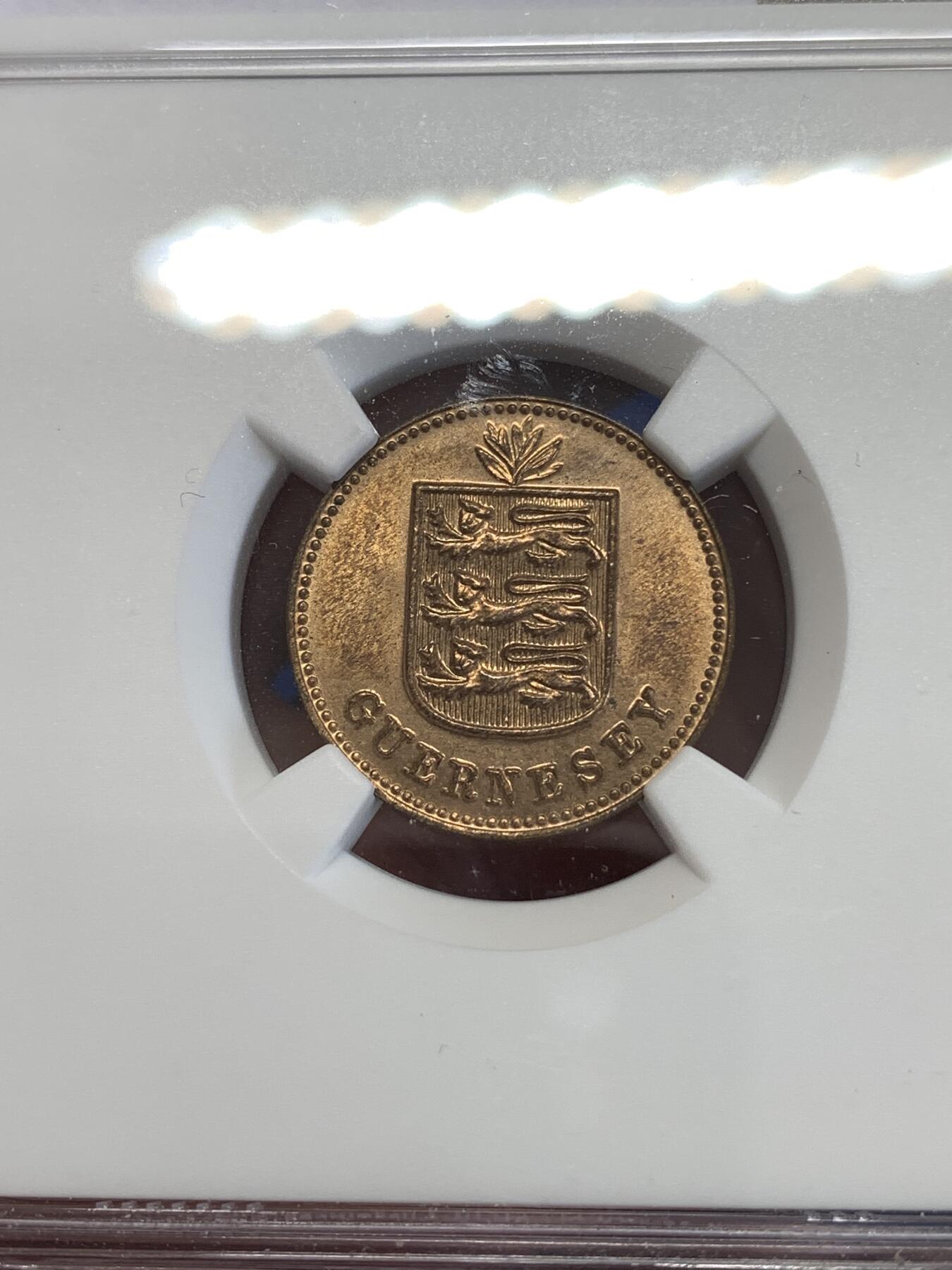 《竞宝斋》第290场- 周日，周一，周二 3场连拍 （全场包邮） NGC MS64RB 英属根西岛1938年1道布 底板干净 转光耀眼