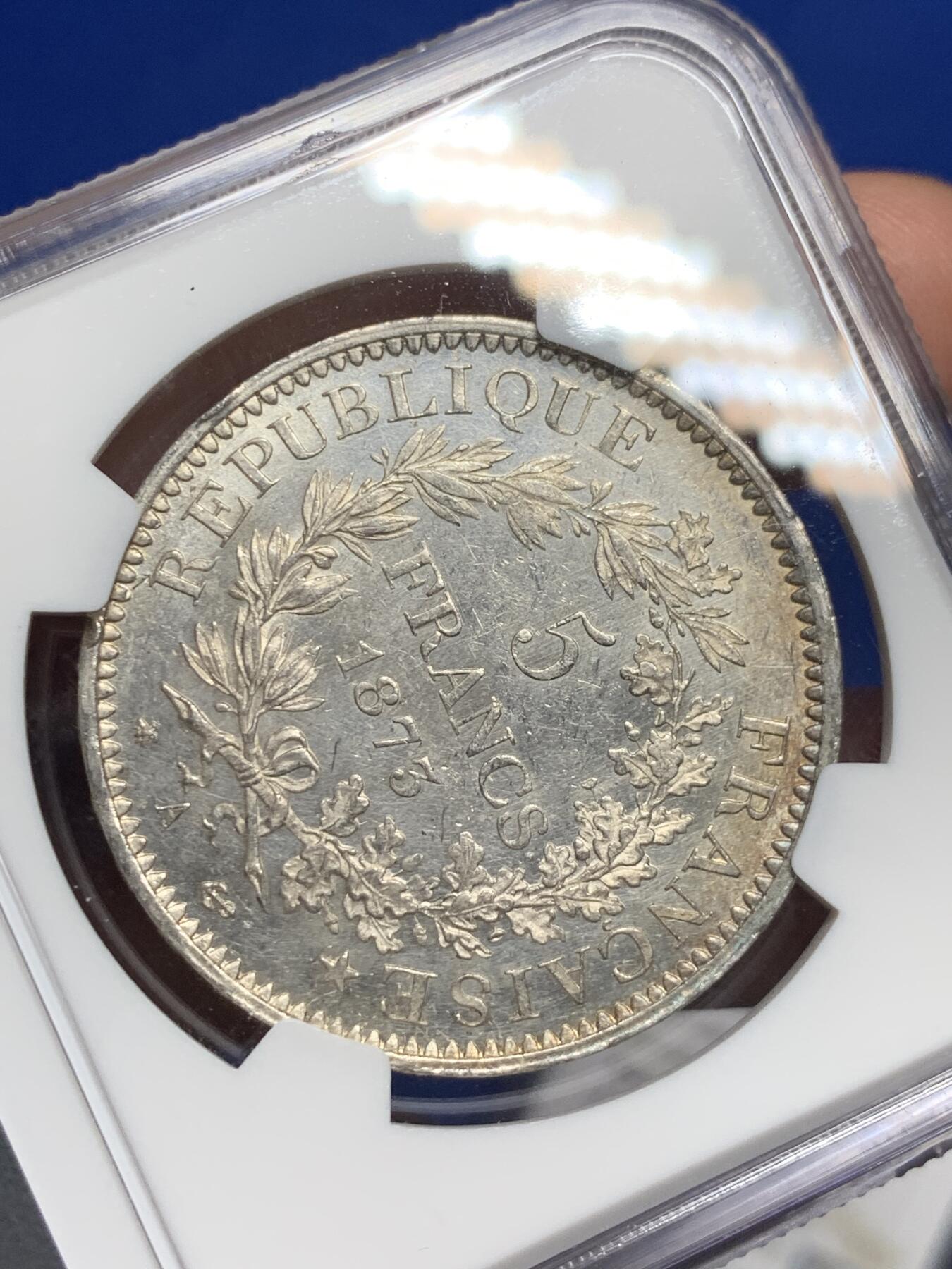 《竞宝斋》第290场- 周日，周一，周二 3场连拍 （全场包邮） NGC UNCD 法国1873年大力神5法郎银币