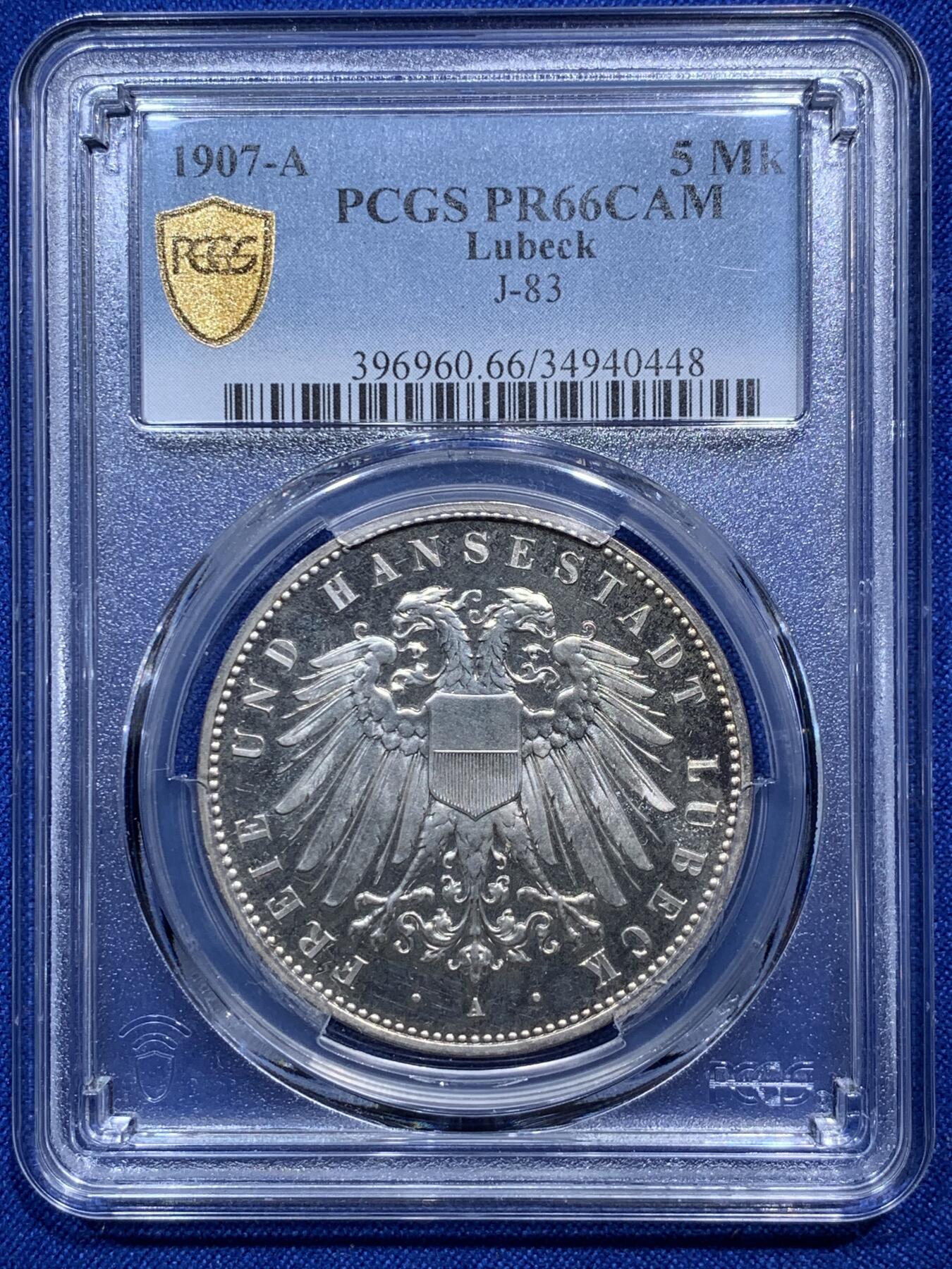 《竞宝斋》第290场- 周日，周一，周二 3场连拍 （全场包邮） PCGS PR66CAM 德国1907吕贝克精制5马克