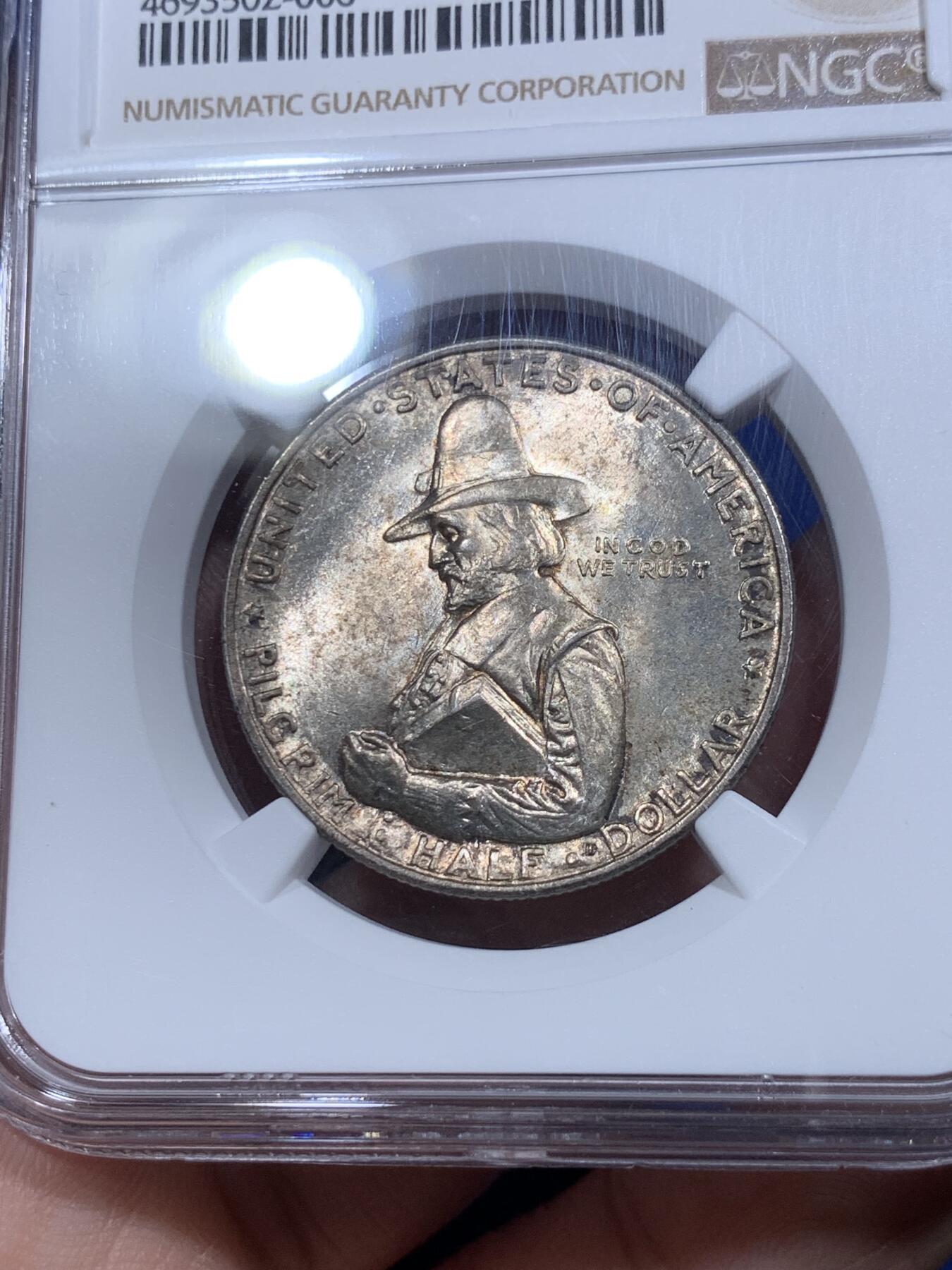 《竞宝斋》第290场- 周日，周一，周二 3场连拍 （全场包邮） NGC MS64 美国 1920年 五月花号/清教徒移民 半美元  背面五月花号呼之欲出 非常漂亮的设计