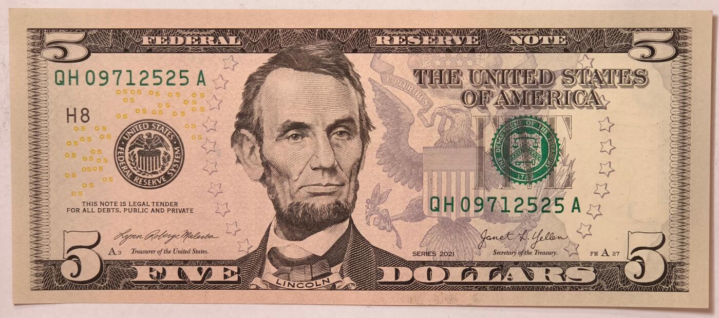 紫瑗钱币——第391期拍卖——纸币场 美国 2021年 H版 无序列 亚伯拉罕·林肯 5美元 彩色版 AU