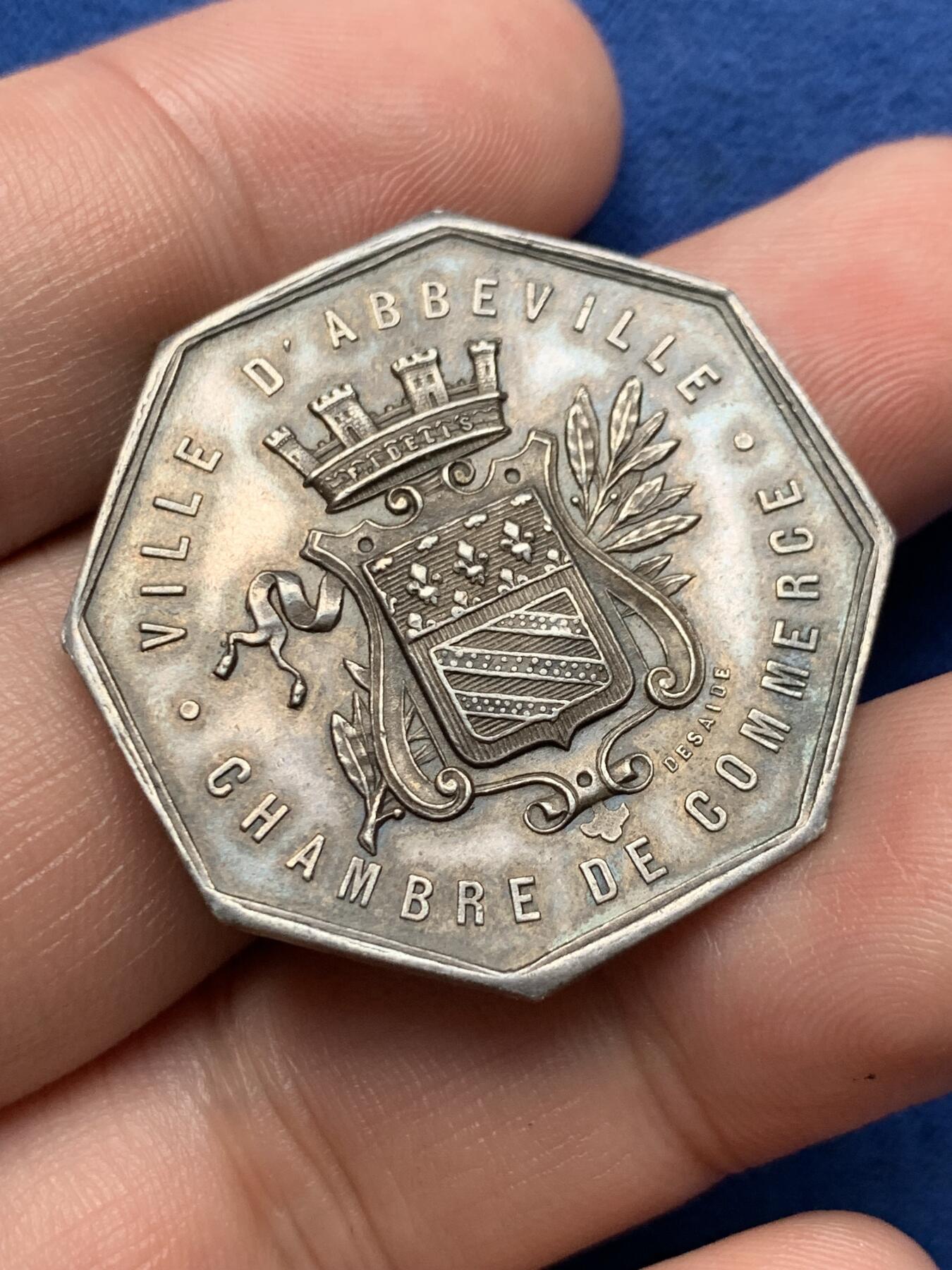 《竞宝斋》第291场- 周日，周一，周二 3场连拍 （全场包邮） 法国阿贝维尔市商会（女神手握大船锚）八角银jeton，33mm，12.63克，丰饶角+ARGENT边铭