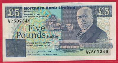 北爱尔兰1990年5镑 A冠 P-193b 欧洲纸币 实物图 UNC - 北爱尔兰1990年5镑 A冠 P-193b 欧洲纸币 实物图 UNC