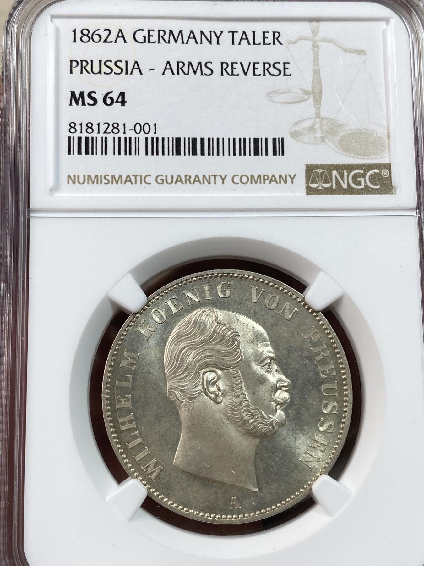 万国钱币拍卖第030期（万国三十期纪念大拍） NGC MS64 1862年德国普鲁士威廉一世离冠鹰流通1泰勒 威廉加冕第二年承继的离冠鹰流通泰勒 霜感与光度并列 原味与十字转光并存 完美一步到位的收藏品质