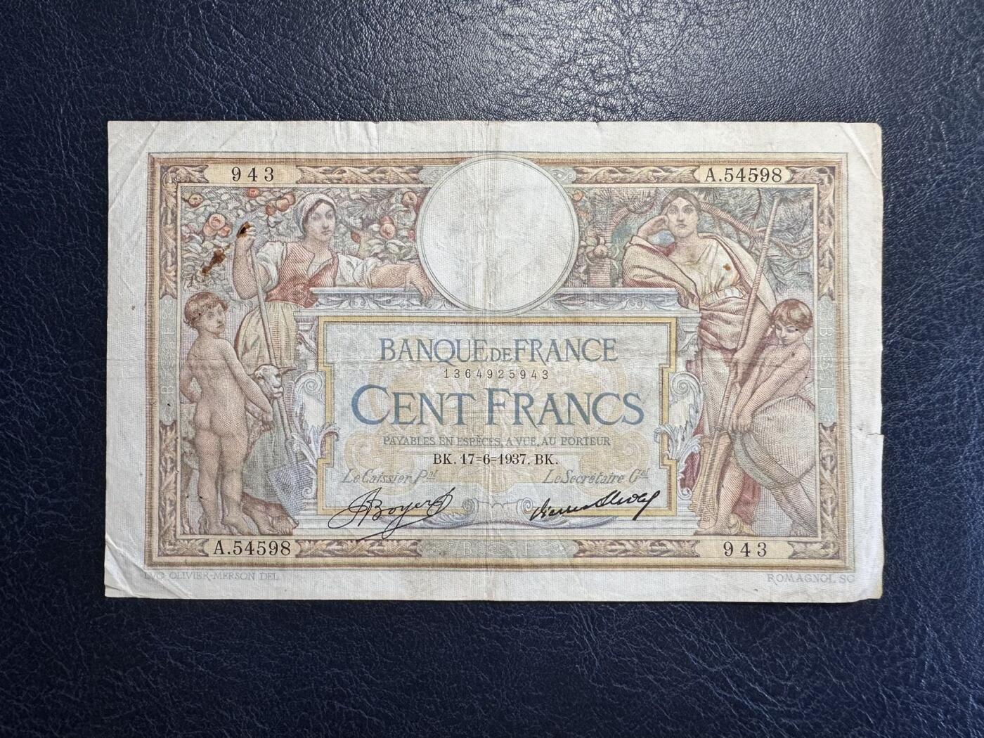 收藏联盟Quantum Auction 第363期拍卖  法国1937年100法郎 品相如图