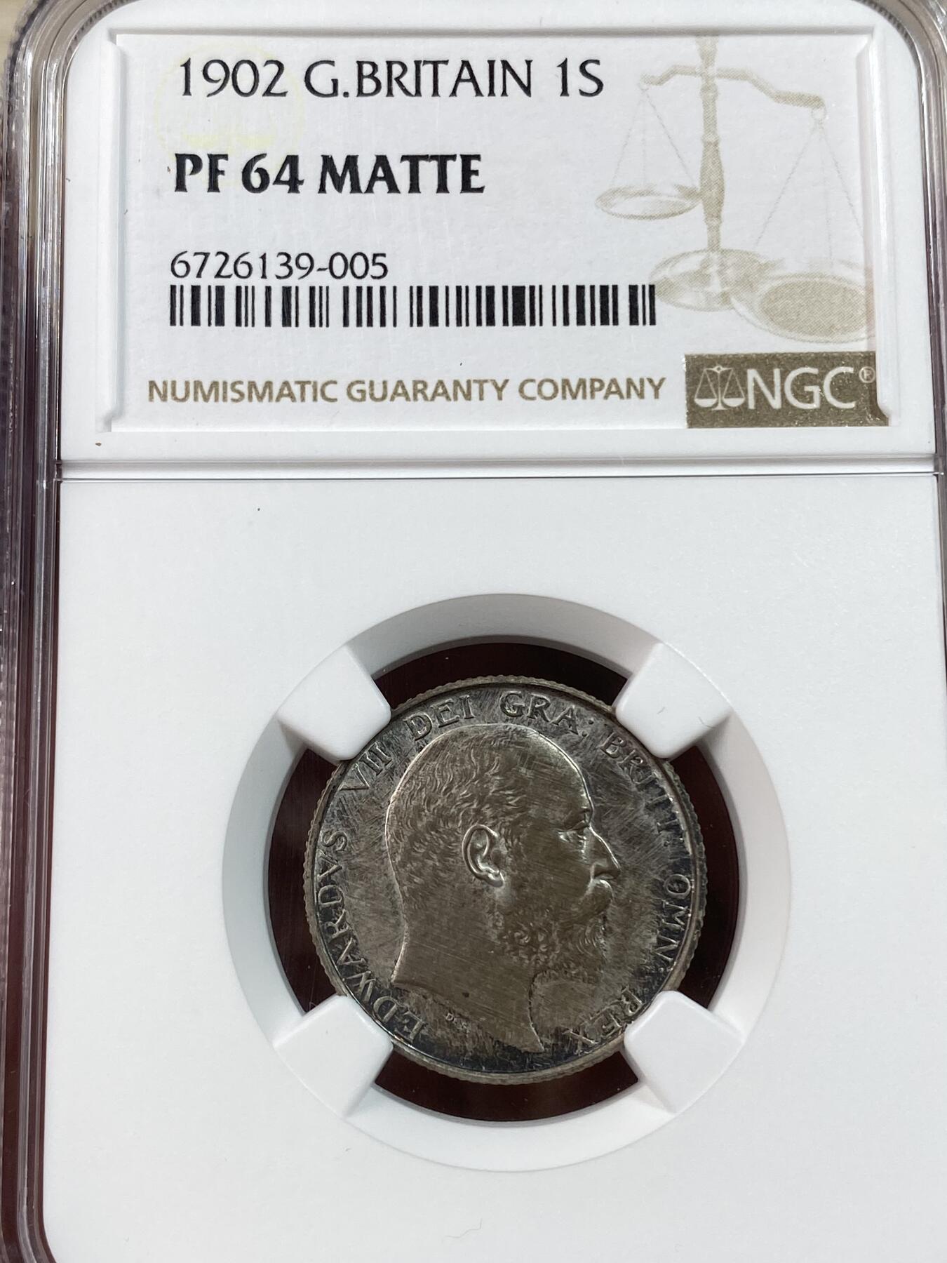 万国钱币拍卖第030期（万国三十期纪念大拍） NGC PF64 1902年英国爱德华七世马剑1先令 精制MATTE原盒装彩 完美状态