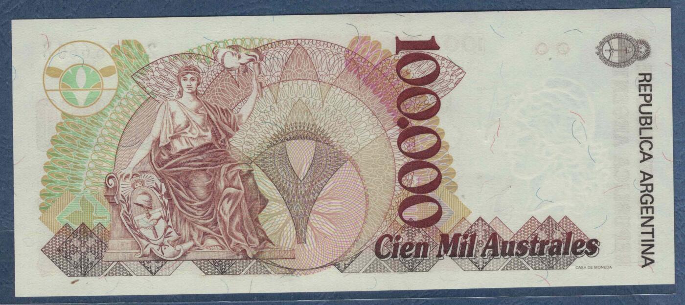 阿根廷1990年至1991年100000(10万)奥斯特 B冠 无47 黑签名 P-336 实物图 UNC