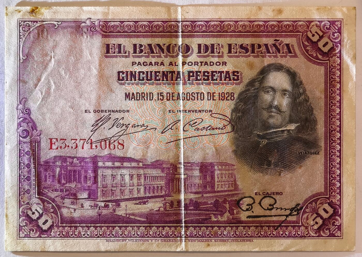 紫瑗钱币——第391期拍卖——纸币场 西班牙 1928年 油画《布雷达的献城》50比塞塔 AU 有折