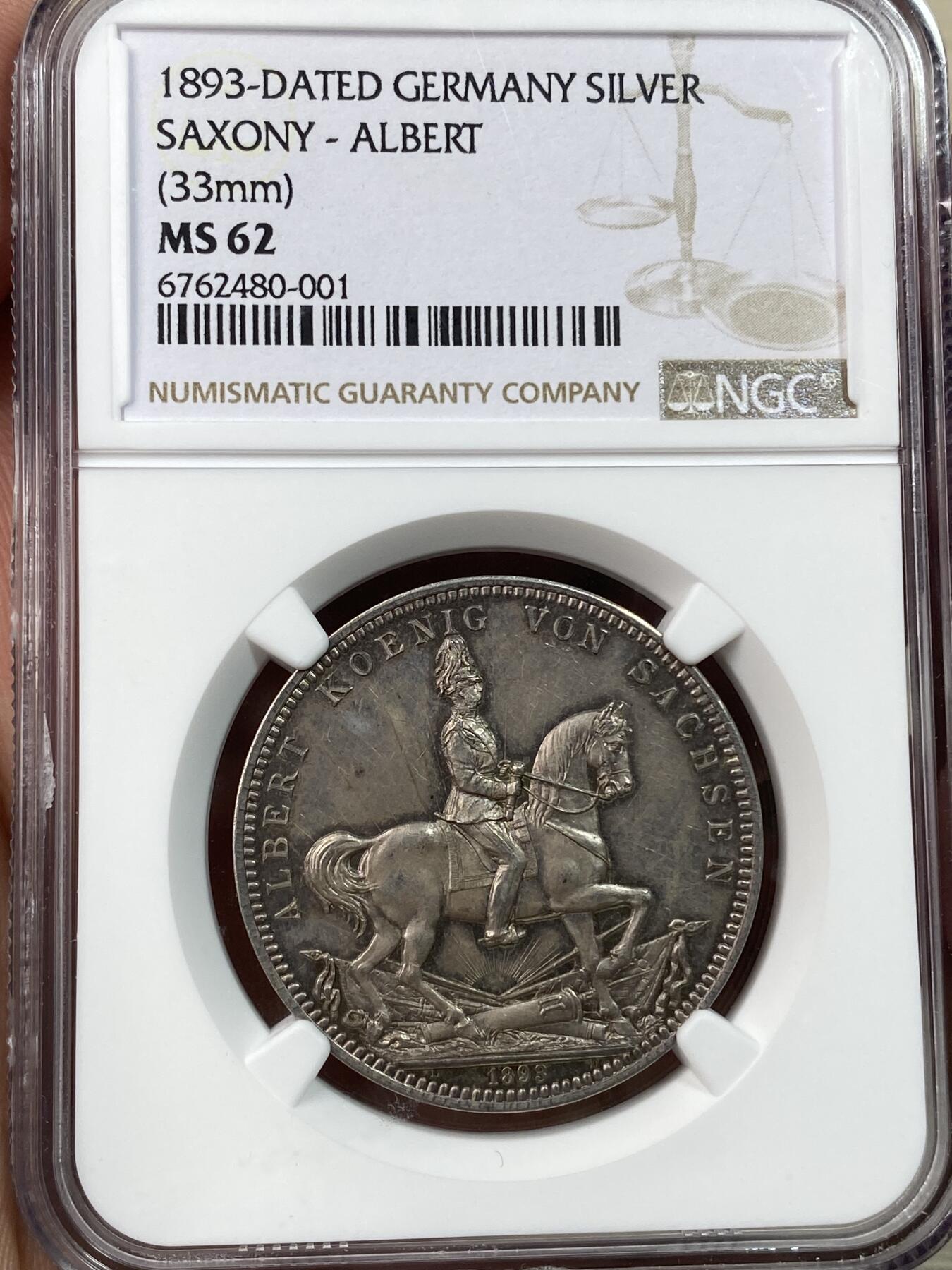 万国钱币拍卖第030期（万国三十期纪念大拍） NGC MS62 1893年德国萨克森阿尔伯特国王戎马生涯50周年纪念银章 少见欧洲彩高浮雕