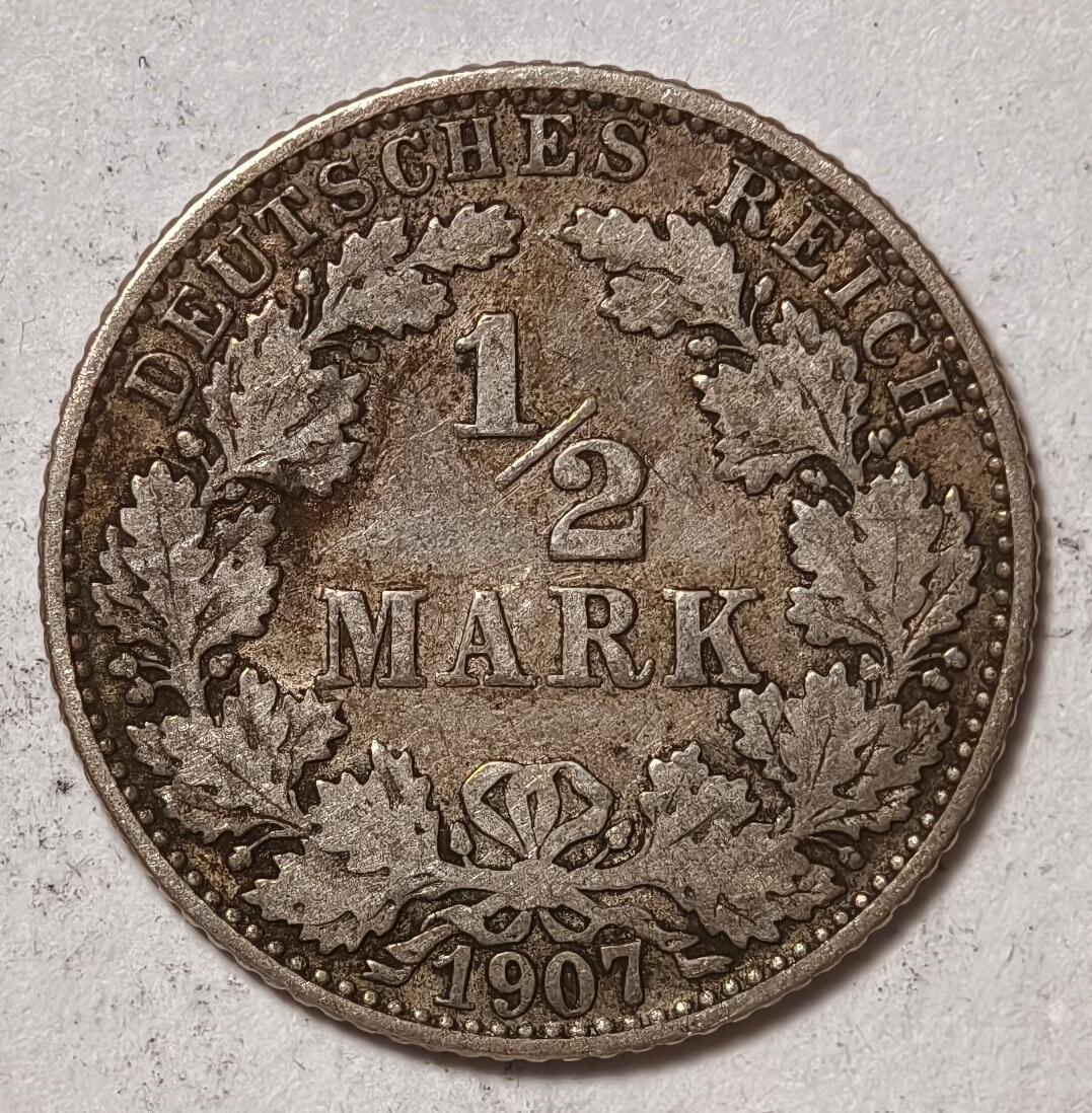 紫瑗钱币——第410期 德国 1907年 J版 第二帝国 1/2马克 银币 2.77克 0.9银