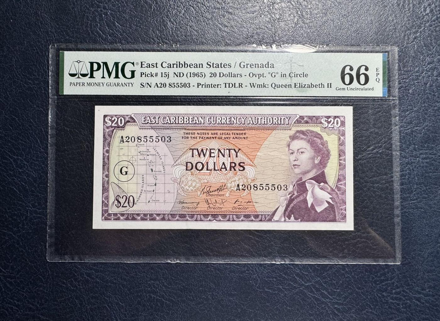 收藏联盟Quantum Auction 第363期拍卖  东加勒比地区/格林纳达1965年20元 PMG66 号码无47 豹子号身