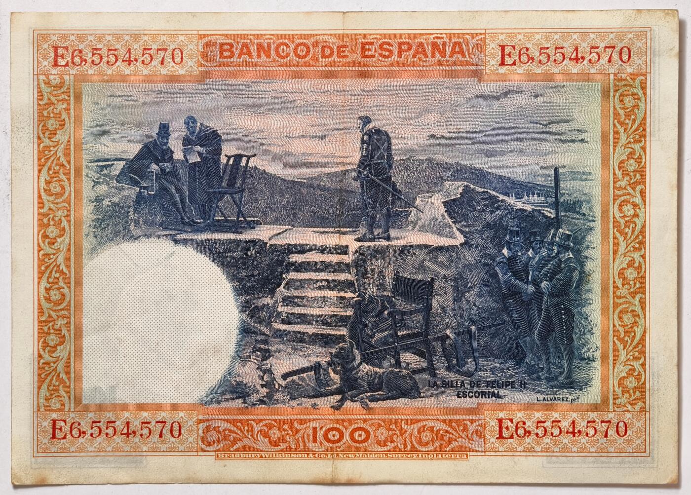 紫瑗钱币——第391期拍卖——纸币场 西班牙 1925年 油画《腓力二世的座椅》 100比塞塔 AU 