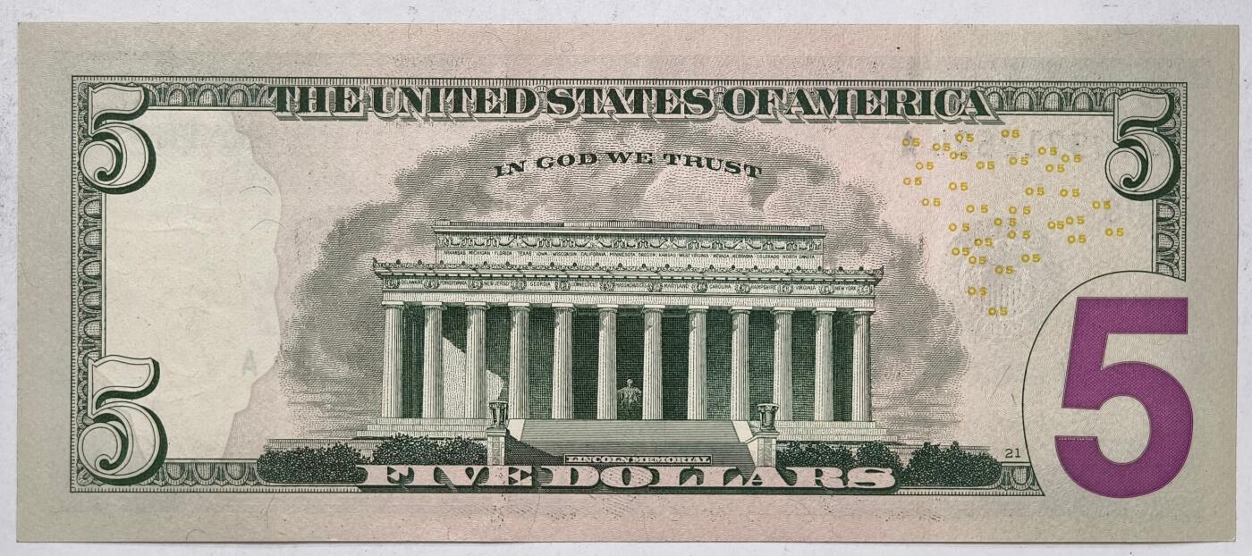 紫瑗钱币——第391期拍卖——纸币场 美国 2021年 H版 无序列 亚伯拉罕·林肯 5美元 彩色版 AU