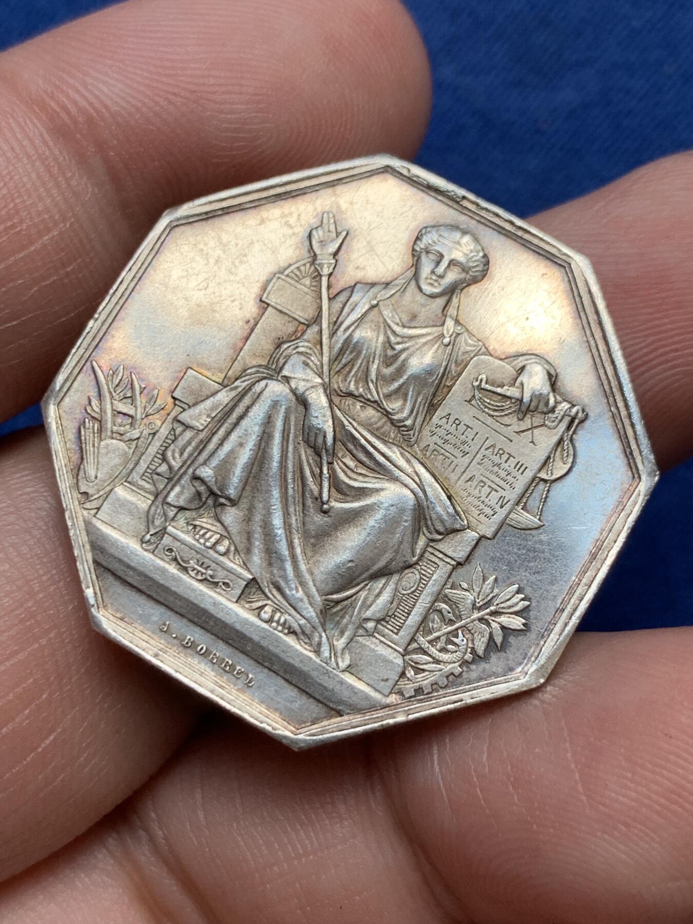 《竞宝斋》第291场- 周日，周一，周二 3场连拍 （全场包邮） 法国八角银质代币，布尔日公证人，16.09g，31.5mm，丰饶角边铭