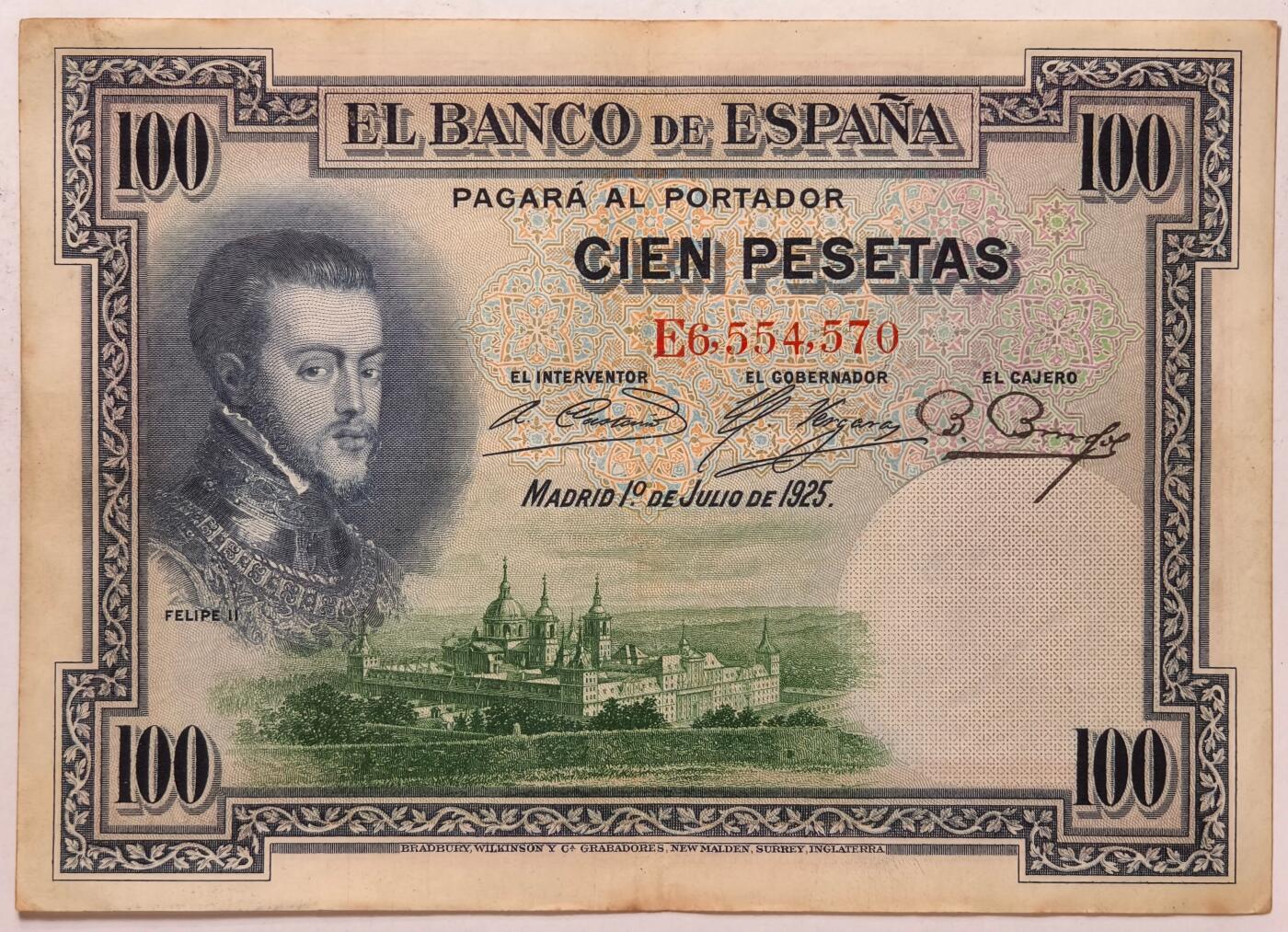 紫瑗钱币——第391期拍卖——纸币场 西班牙 1925年 油画《腓力二世的座椅》 100比塞塔 AU 